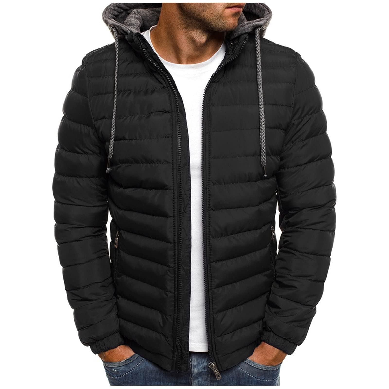 Men's Lightweight Puffer Jacket - Winter Thermal Hooded Coat with Zipper Pockets | Warm Zip-Up Outerwear for Casual Wear & Outdoor Activities