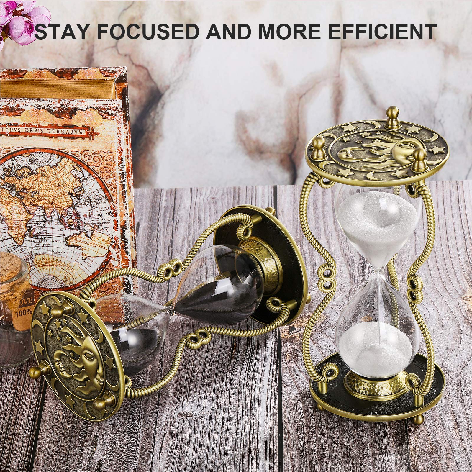 60 Minute Sun and Moon Engraved Brass Sand Timer - Antique Metal Hourglass with White Sand - Large 1 Hour Glass for Office Desk Decor, Meditation Timer, Yoga Studio, Classroom Tool & Unique Gift Idea