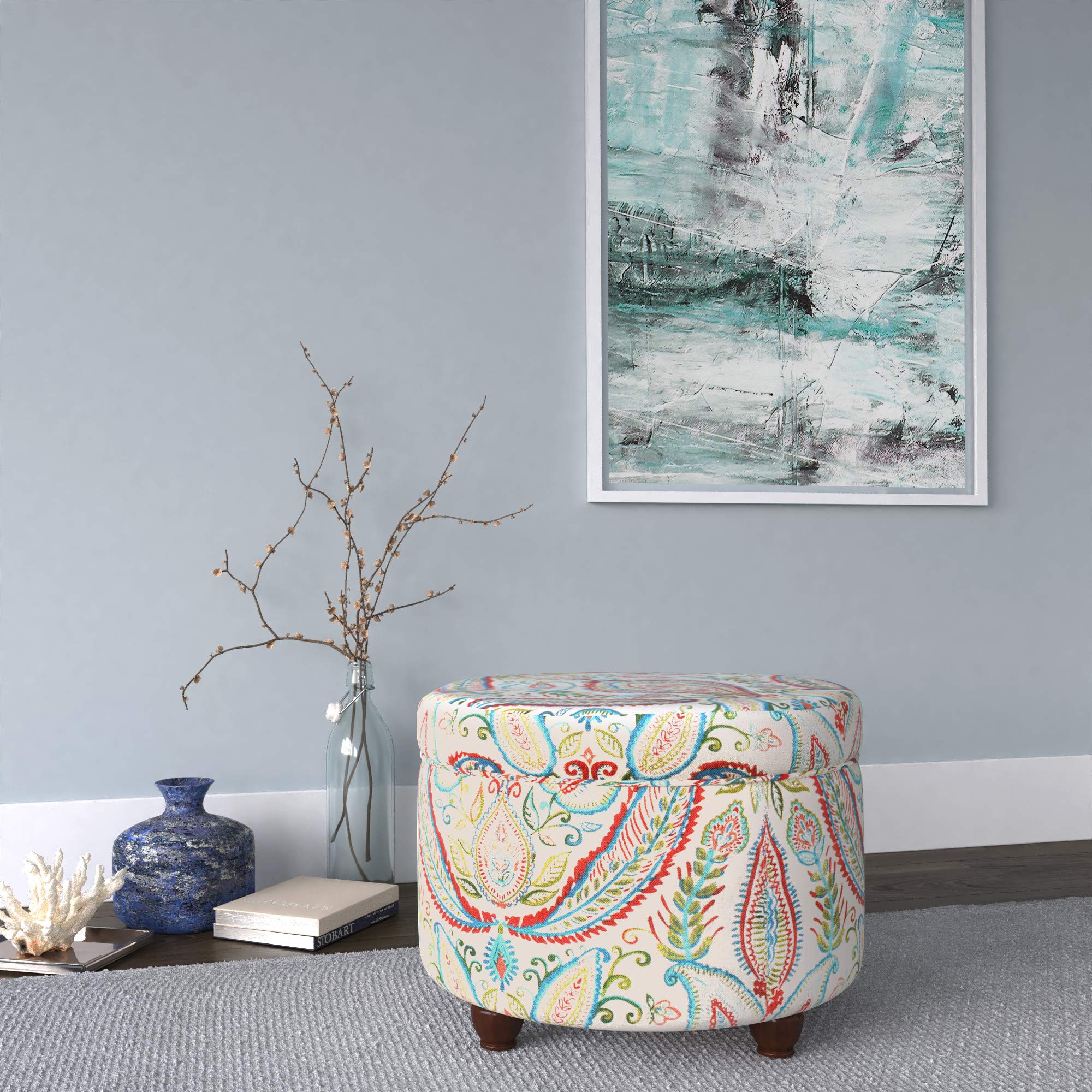 Homepop Upholstered Round Storage Ottoman – Large Paisley Design for Living Room & Bedroom | Versatile Footrest, Seating & Hidden Storage | Perfect for Small Spaces & Home Organization