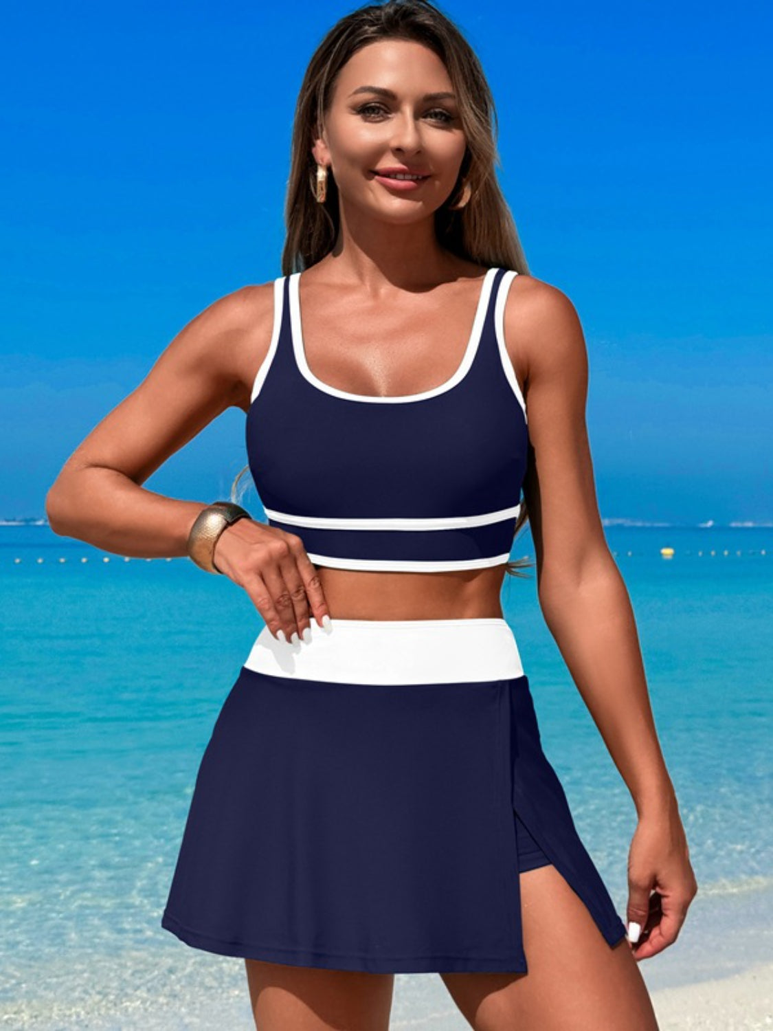 Women's Scoop Neck Swim Top & Skort Set - Flattering Two Piece Bathing Suit for Beach, Pool & Vacation
