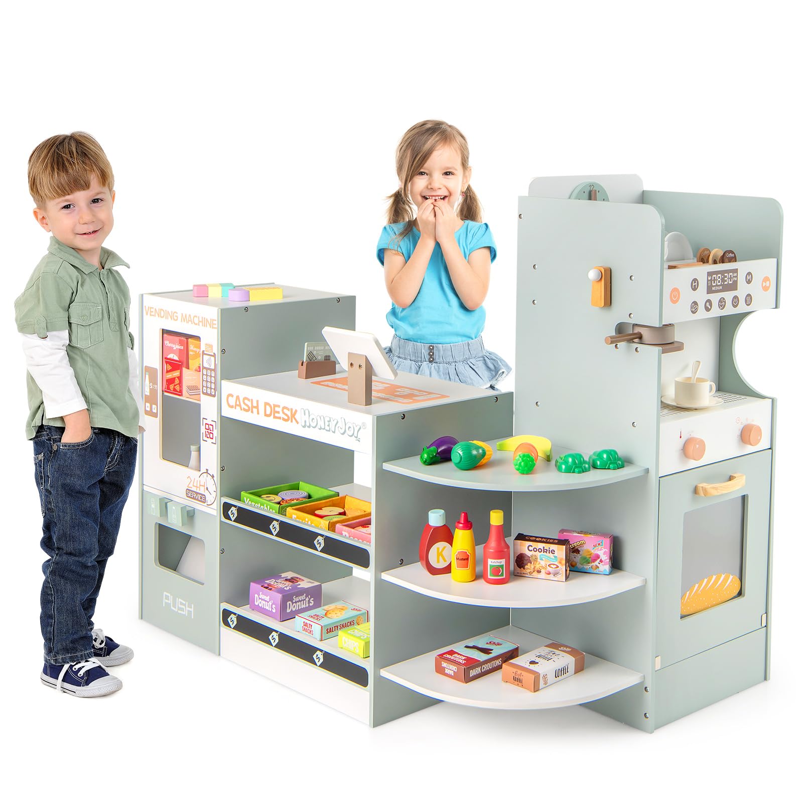HONEY JOY Wooden Kids Grocery Store Playset with Coffee Maker, Vending Machine & Cash Register - Pretend Play Supermarket Toy with Display Shelves & Play Food for Toddlers - Perfect for Role Play, Early Learning & Social Skills Development at Home or Preschool