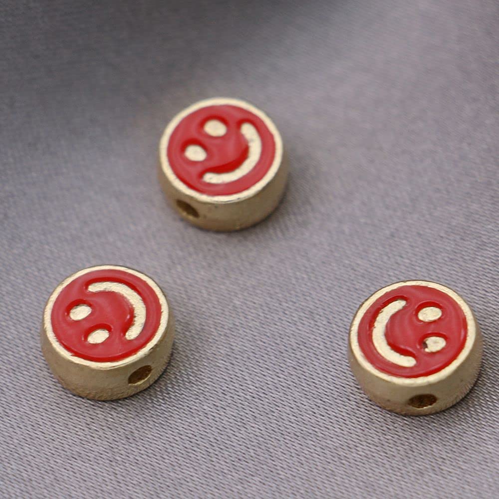 10PCS 8mm Gold Round Smiley Face Spacer Beads for Jewelry Making - DIY Bracelet & Necklace Craft Supplies - Perfect for Handmade Gifts & Boho Style Accessories (Red)