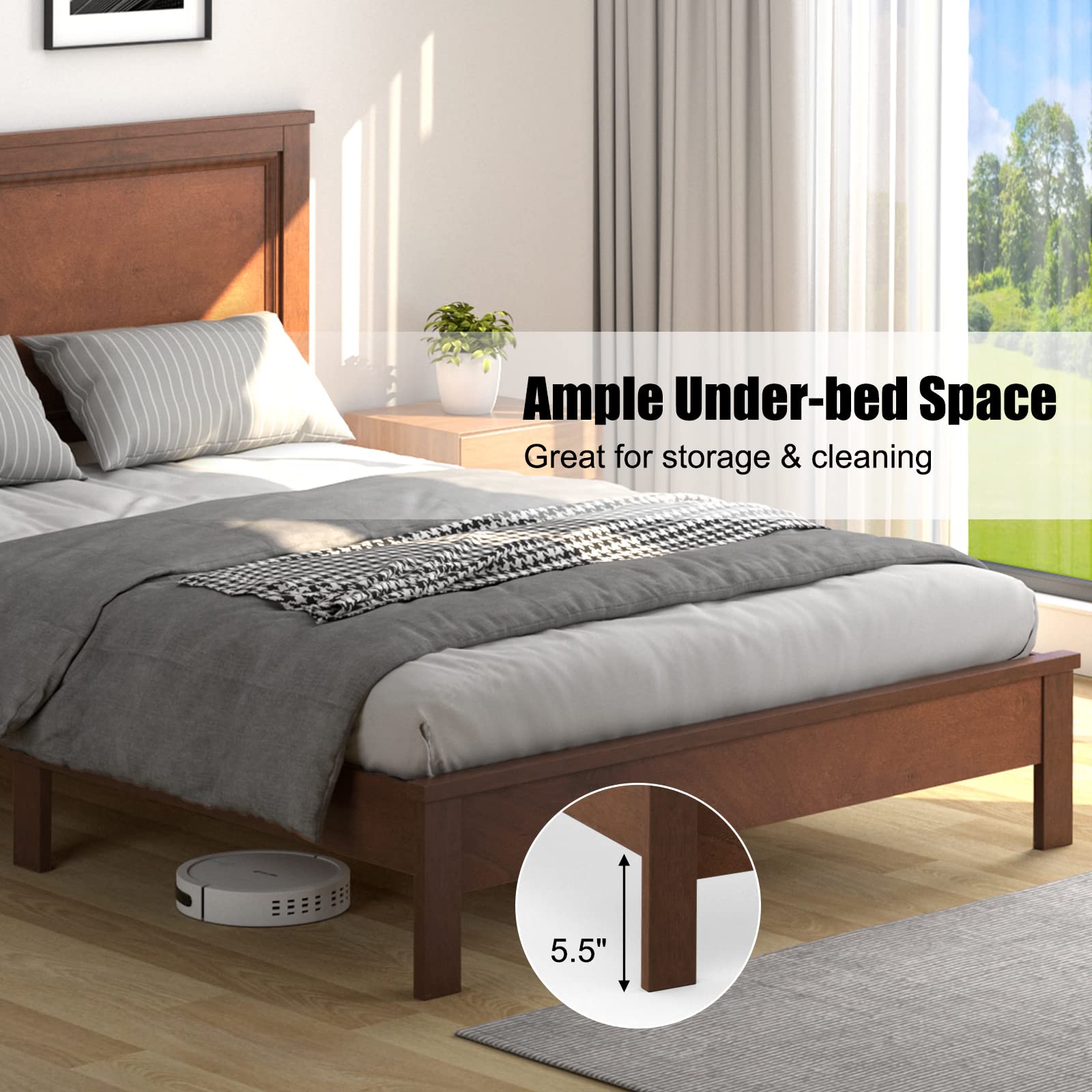 KOMFOTT Full Size Wood Platform Bed Frame with Headboard - Mid Century Modern Walnut Bed with Slat Support & Under Bed Storage - No Box Spring Needed - Perfect for Small Bedrooms, Guest Rooms & Apartments
