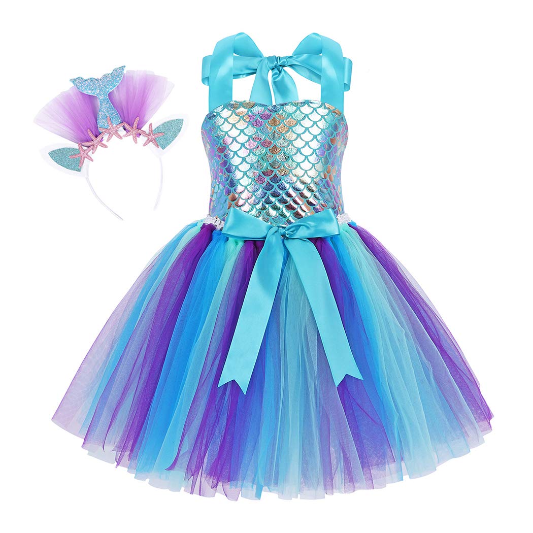 WonderBabe Girls Mermaid Tulle Tutu Dress - Halloween Birthday Party Costume, Princess Dress Up Outfit with Headband - Perfect for Birthday Parties, Halloween, Dress Up Play & Photo Shoots