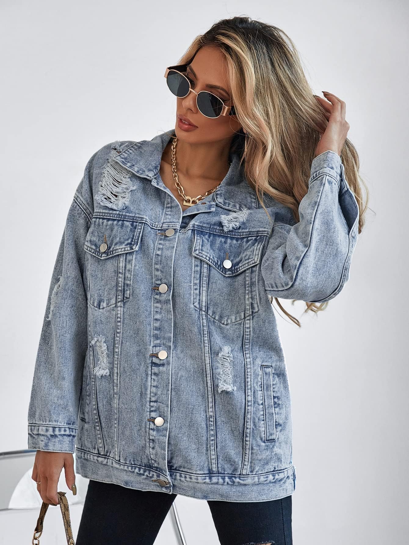 Stylish Oversized Denim Jacket for Women - Distressed Boyfriend Jean Jacket with Long Sleeves | Perfect for Casual Outfits, Streetwear Fashion & Layering in Fall/Winter