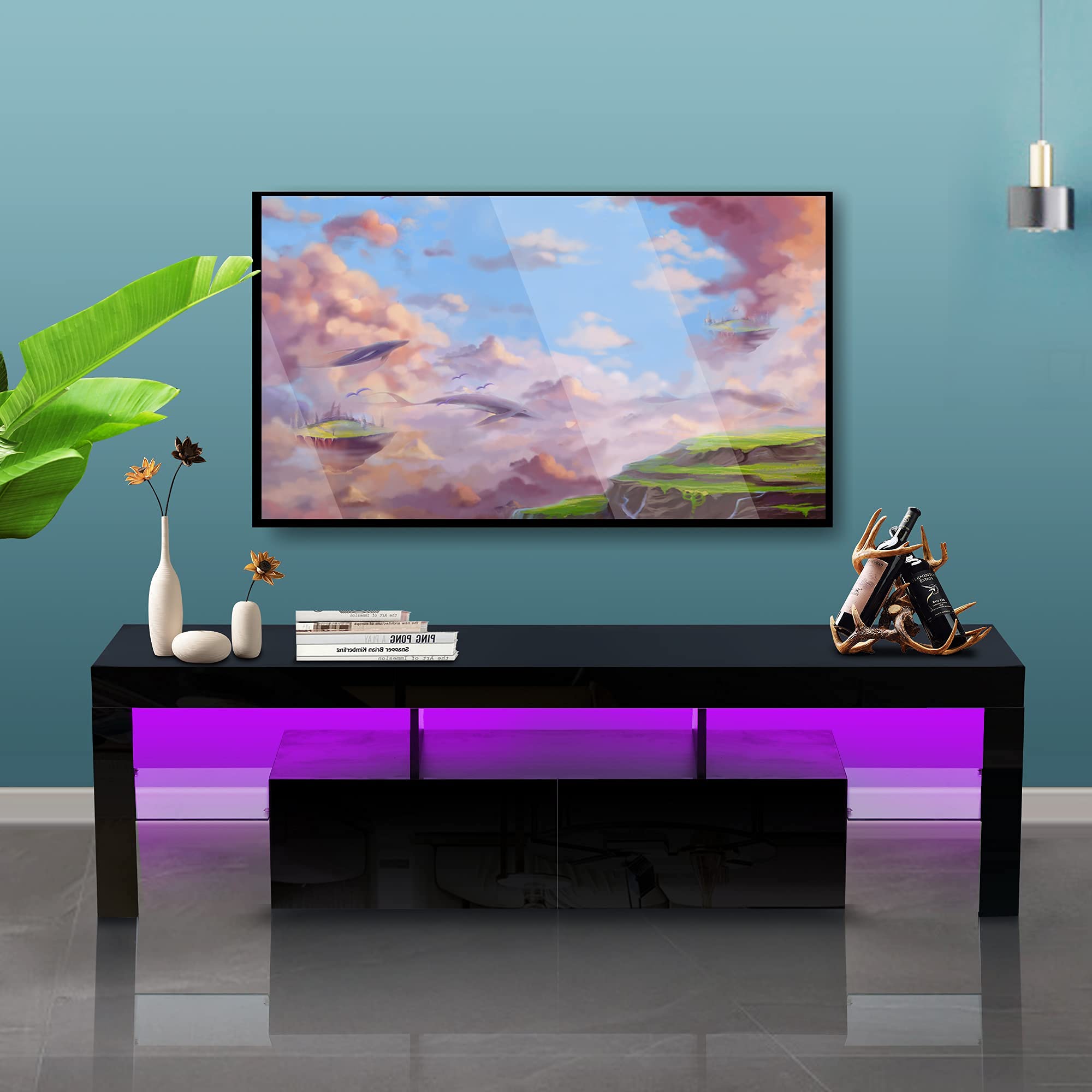 63 Inch High Glossy Modern TV Stand with LED Lights - 16 Color Changing TV Cabinet with 2 Storage Drawers - Entertainment Center for 70 Inch TVs - Black Living Room Furniture for Home Theater & Gaming Setup