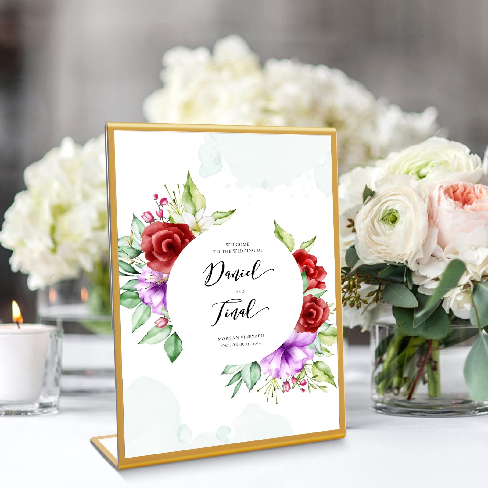 Acrylic Gold Sign Holders - 6 Pack 8.5x11 Inch Vertical Slant Back Flyer Document Brochure Display Stands for Office Desktop, Restaurant Menu, Retail Counter & Event Signage - Plastic Tabletop Paper Holders