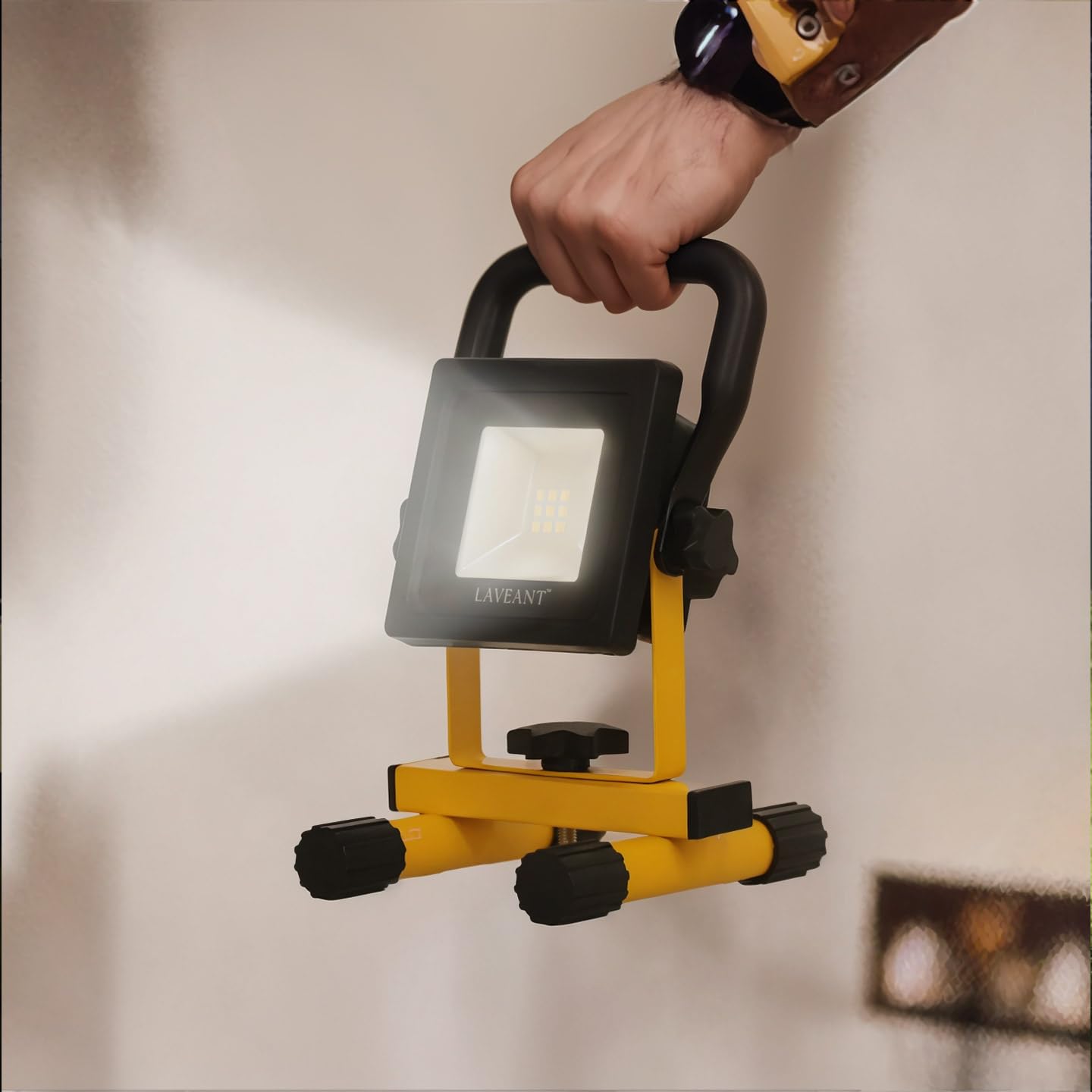 10W 2200mAh Rechargeable LED Work Light - 600 Lumens Portable Tiltable Waterproof Flood Light with Stand - Yellow - Perfect for Outdoor, Garage, Emergency, Camping & DIY Projects