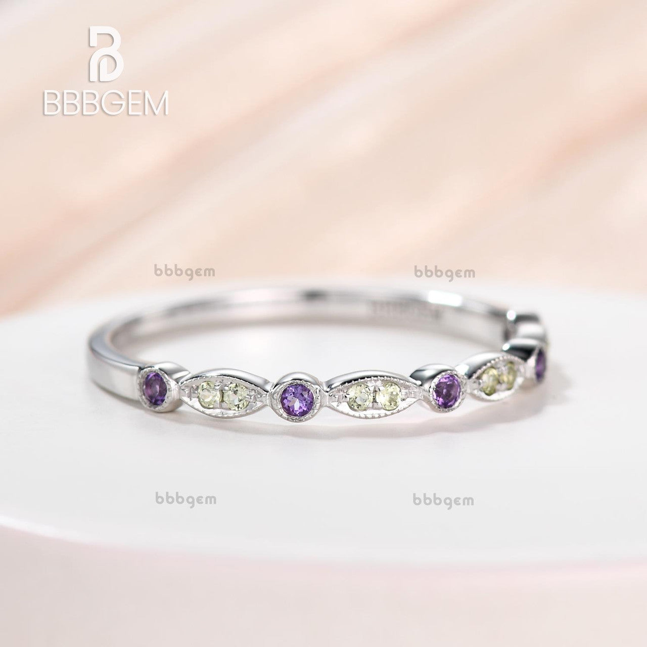 Marquise and Dot Amethyst Peridot Wedding Ring - Platinum Half Eternity Band for February & August Birthstones - Perfect for Anniversary, Engagement, and Bridal Jewelry Gifts