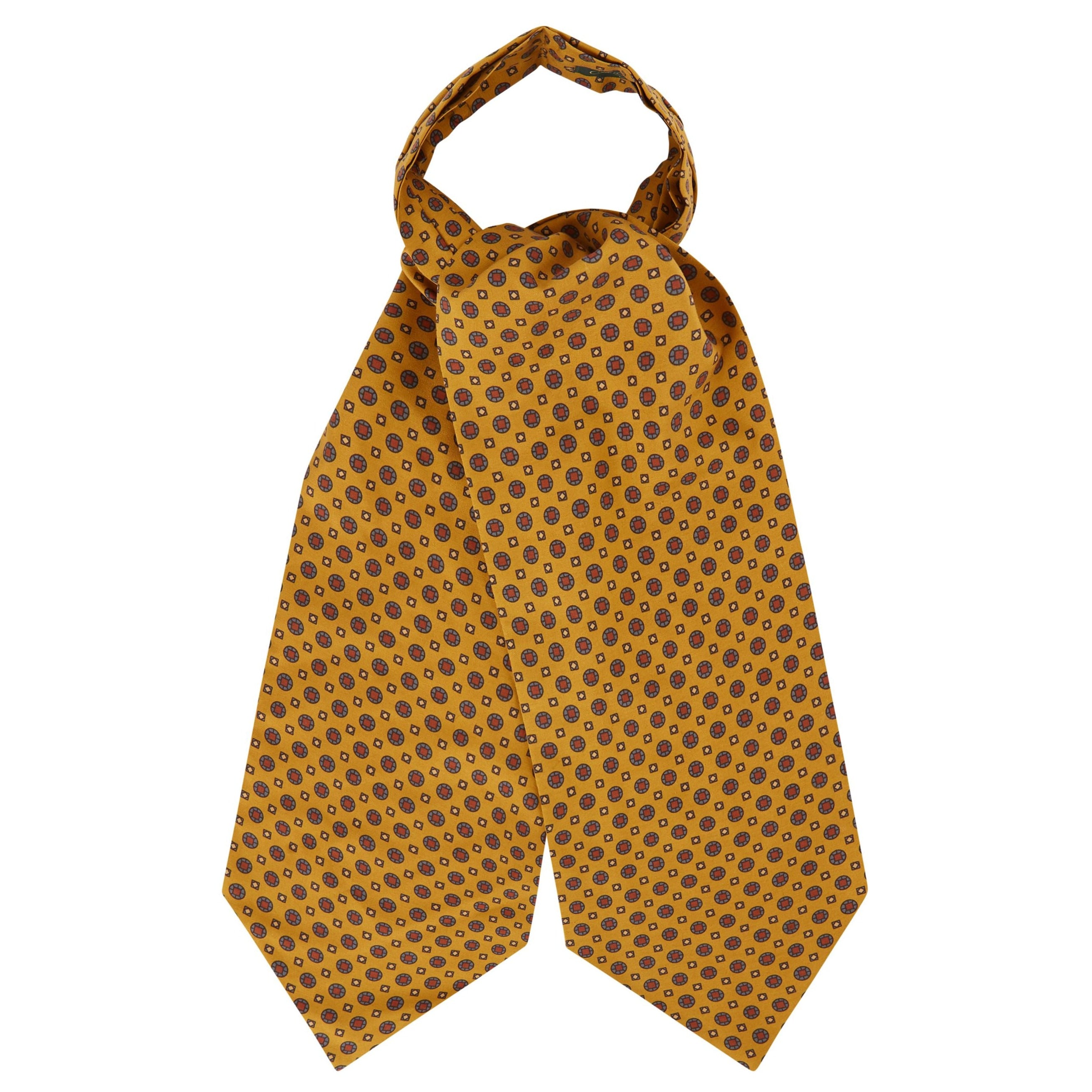 Vintage Ochre Foulard Printed Silk Cravat Tie - Elegant Neckwear for Men, Perfect for Weddings, Formal Events & Vintage Fashion Enthusiasts