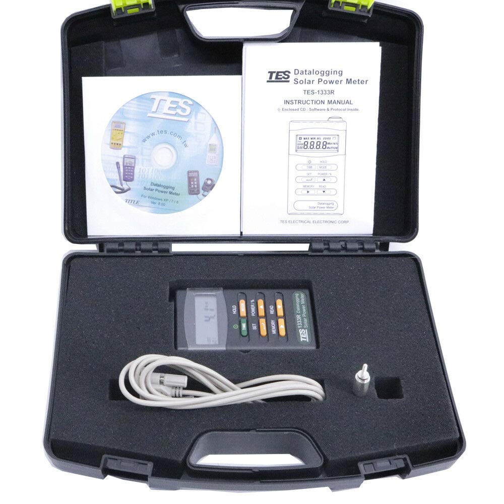 TES-1333R Digital Solar Power Meter with Data Logging - Solar Radiation Detector & Energy Tester for Solar Panels, RS-232 Interface - Perfect for Solar Energy Monitoring, PV System Testing, and Renewable Energy Research