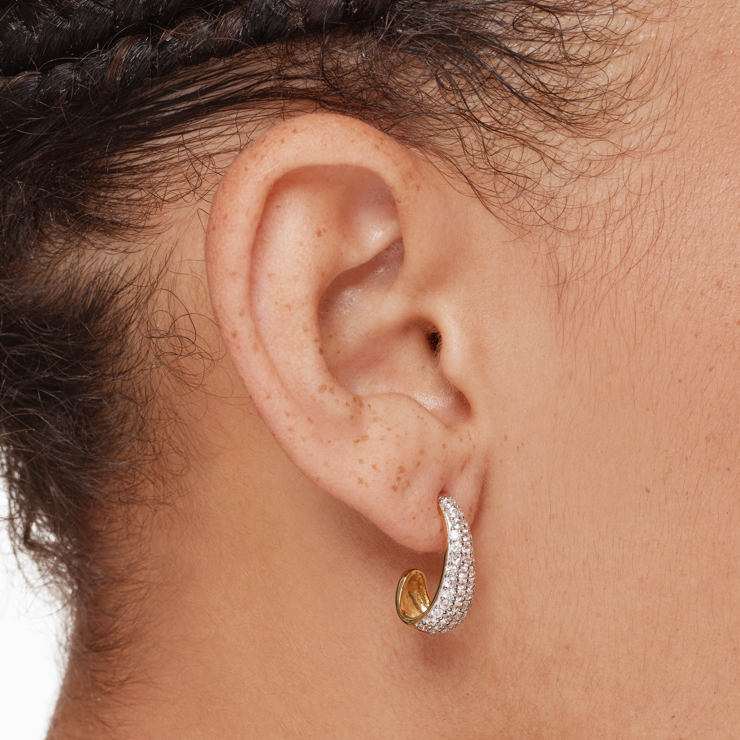 White Topaz Dome Hoop Stud Earrings in 14K Gold - Elegant Everyday Jewelry for Women, Perfect for Work, Date Night & Special Occasions