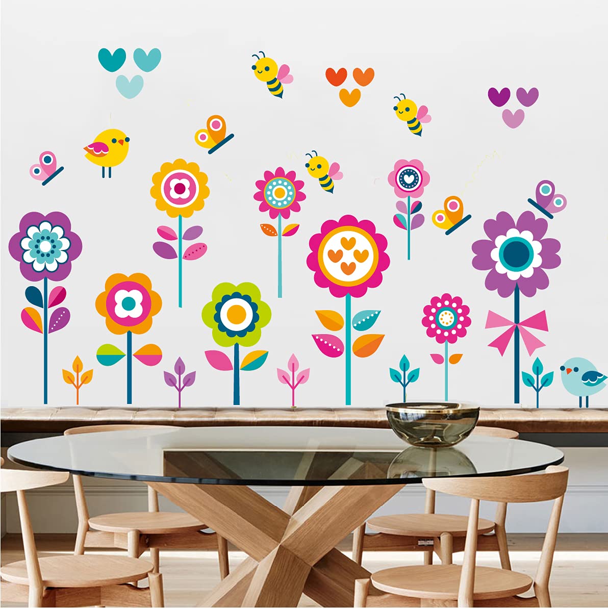 Butterfly Bee Floral Wall Decals for Kids Room - Removable Peel and Stick Wall Art for Girls Bedroom, Nursery, Playroom & Classroom - DIY Home Decor for Birthday Party, Baby Shower & Spring Theme Decorations