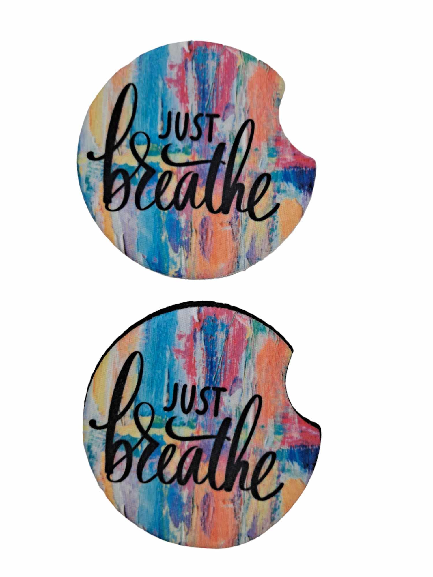 Just Breathe Motivational Car Coasters - 2 Pack Soft Neoprene Cup Holder Coasters for Women - Absorbent Non-Slip Drink Coasters for Cars, Office & Home Use - Perfect for Coffee, Tea and Beverages