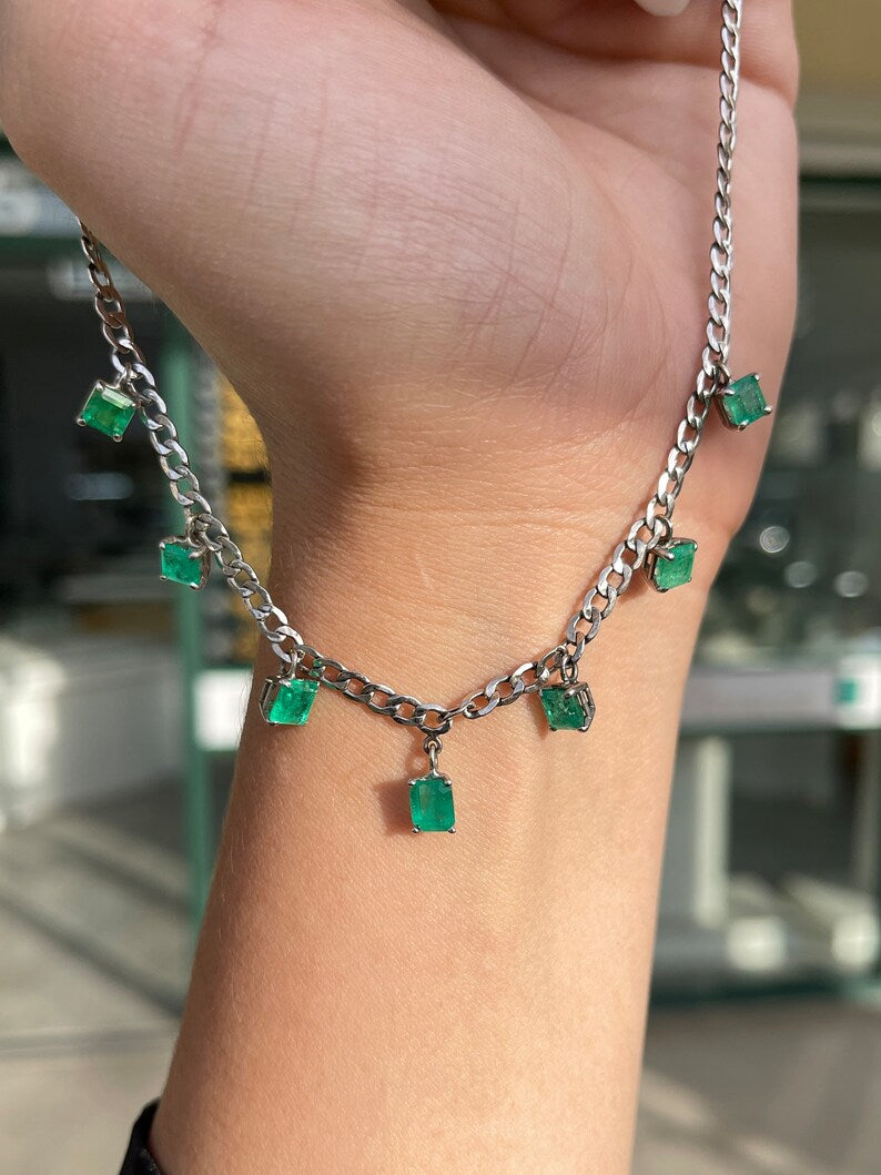 5.52tcw 14K White Gold Emerald Asscher Cut Multi-Gemstone Chain Fringe Necklace by the Yard - Perfect for Bridal, Evening Wear & Special Occasions