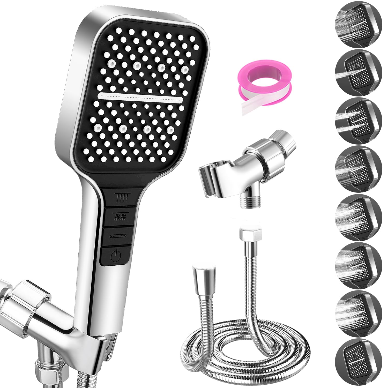 VEHHE 7-Spray Mode Square Shower Head with 1.5M Hose - Water Saving Rain Shower with Stop Button & Adjustable Universal Bracket (Silver) - Perfect for Bathroom Renovation & Water Conservation