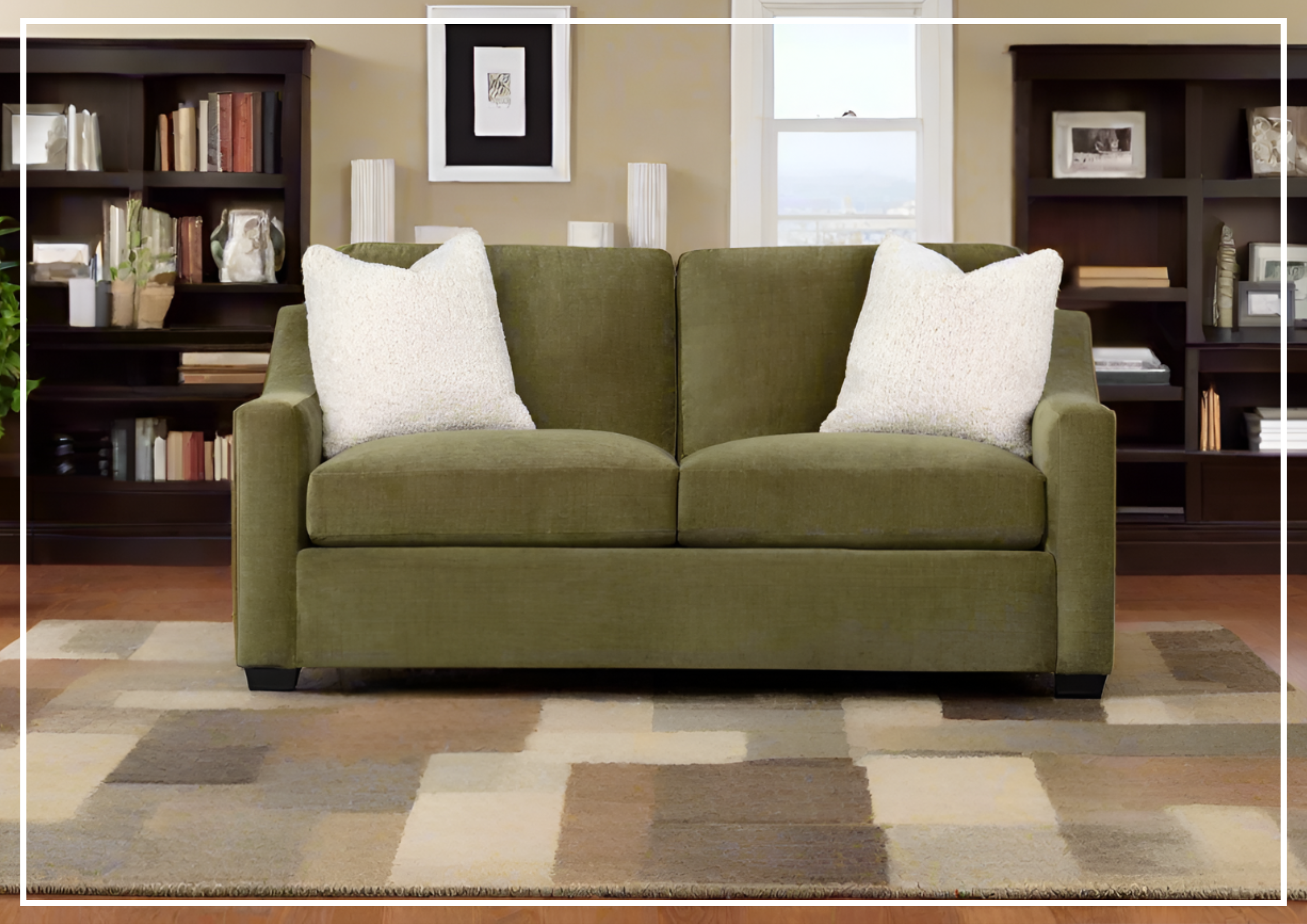 Klaussner Kavon Olive Green Fabric Sofa with Slope Arms - Modern Living Room Furniture for Comfortable Relaxation & Home Decor