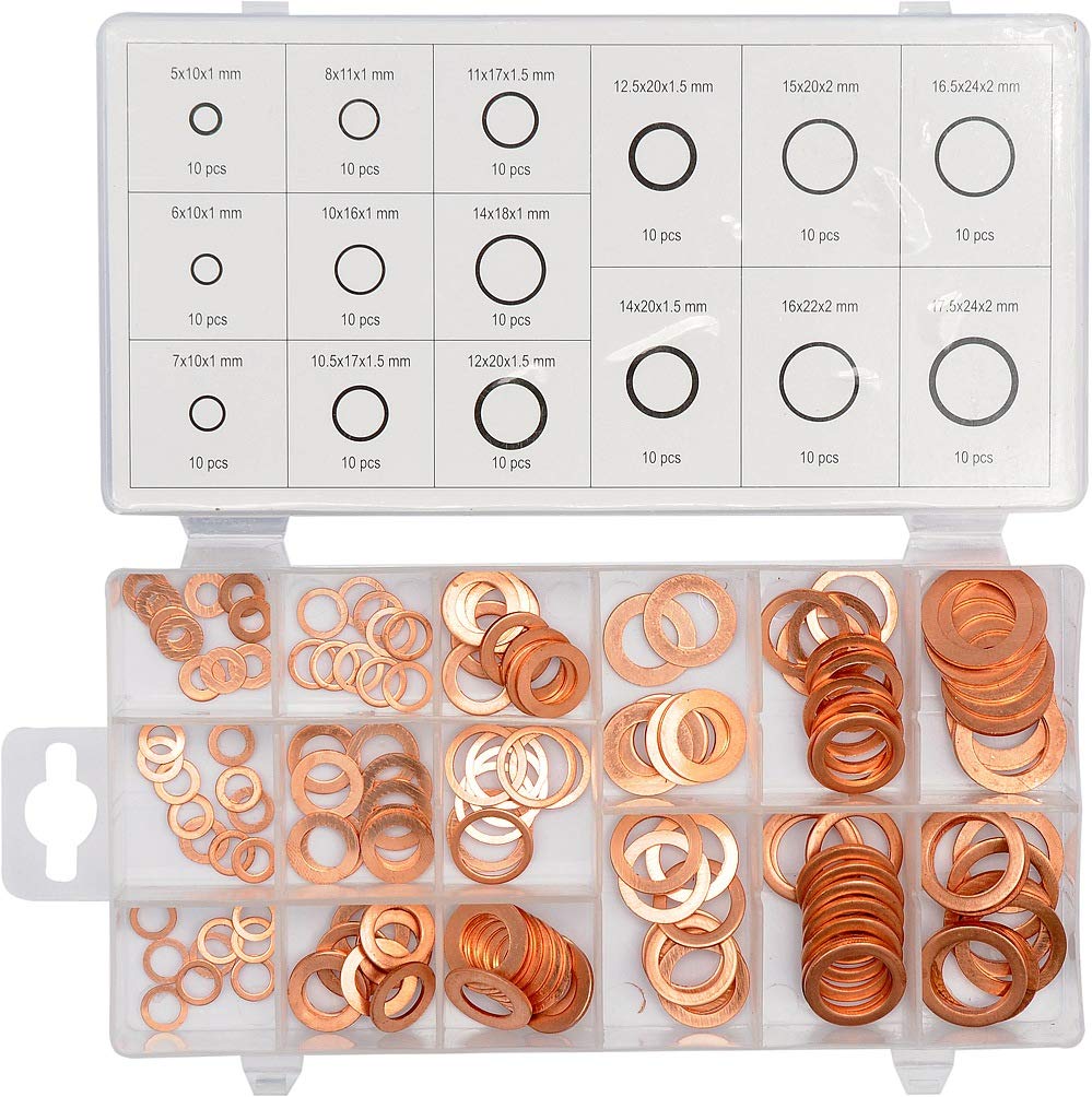 150 PC Copper Washer Assortment Kit - YT-06871 - Sealing & Plumbing Repair Washers for Automotive, HVAC, and DIY Home Improvement Projects