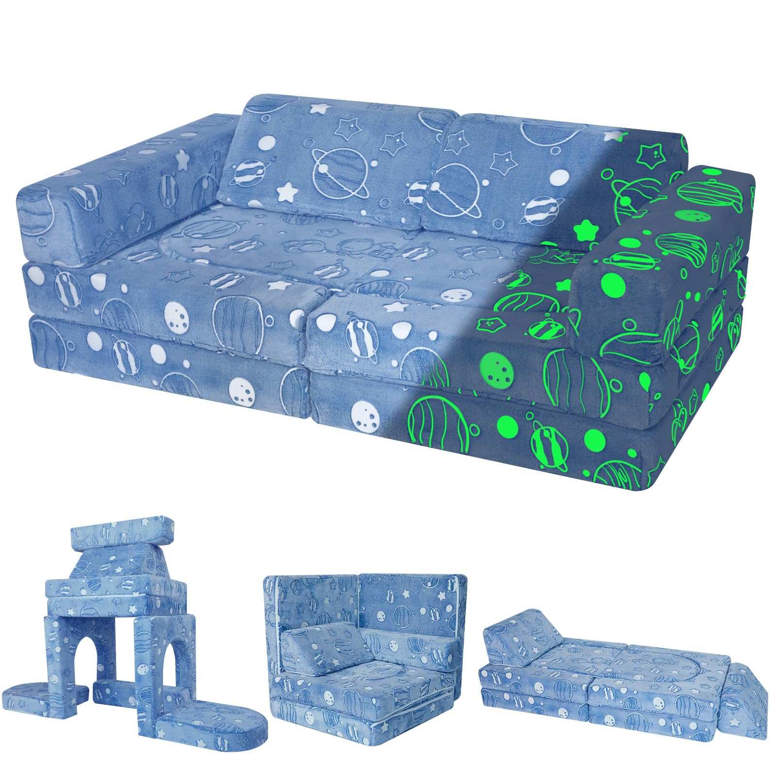 MeMoreCool Kids Couch - 10-Piece Modular Play Sofa for Boys & Girls | Foldable Playroom Furniture | Glow-in-the-Dark Space Theme | Perfect for Playrooms, Bedrooms & Daycare Centers