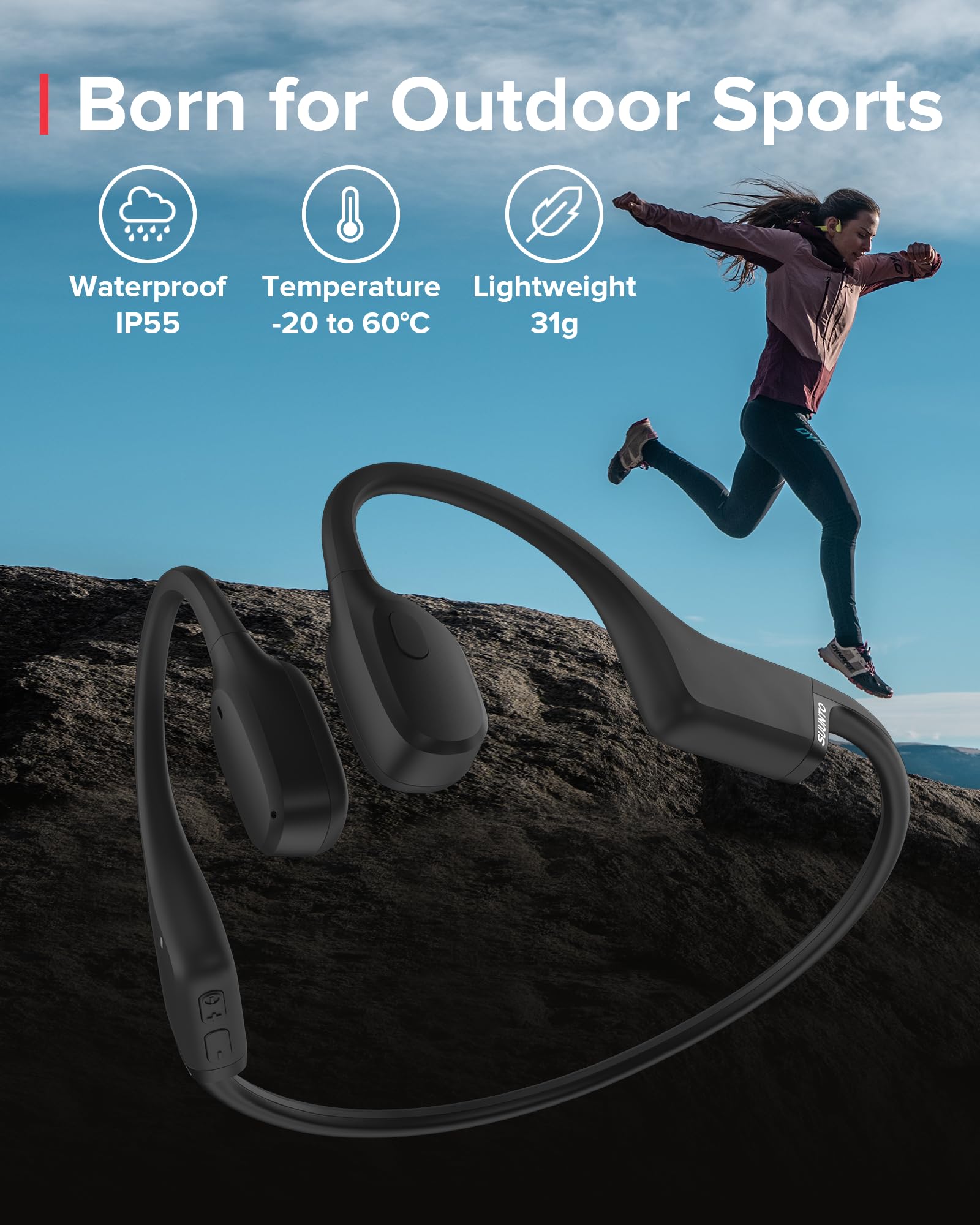 SUUNTO Sonic Open-Ear Bone Conduction Sports Headphones - Wireless Bluetooth Headset with Enhanced Bass, Multipoint Connection, 10H Playtime & Fast Charging - Built-in Dual Mics, IP67 Waterproof & Lightweight Design for Running, Cycling & Outdoor Activities