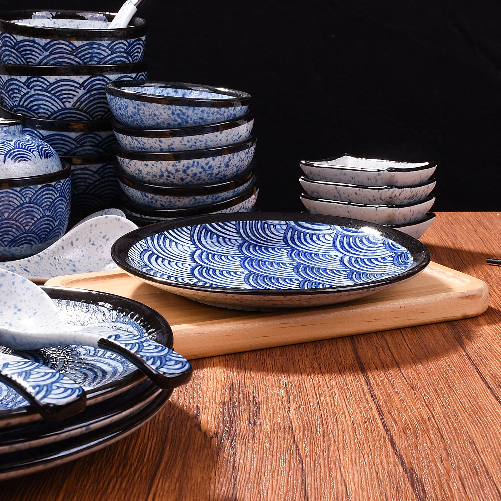 7 Inch Microwave & Dishwasher Safe Japanese Ceramic Plates - Set of 4 Blue Wave Pattern Dinner Plates for Salads, Pasta, Cheese, Ham & Antipasti | Perfect for Home Dining, Parties & Restaurant Use