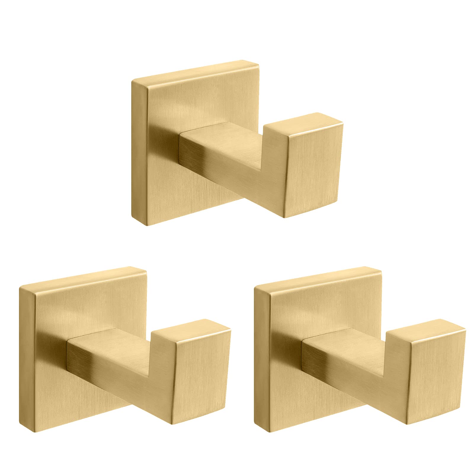 NearMoon 3-Pack Brushed Gold SUS304 Stainless Steel Bath Towel Hooks - Heavy Duty Wall Mounted Coat Hangers for Bathroom, Living Room, Kitchen, Garage & Hotel - Rustproof Square Robe Hooks for Home Organization & Space Saving