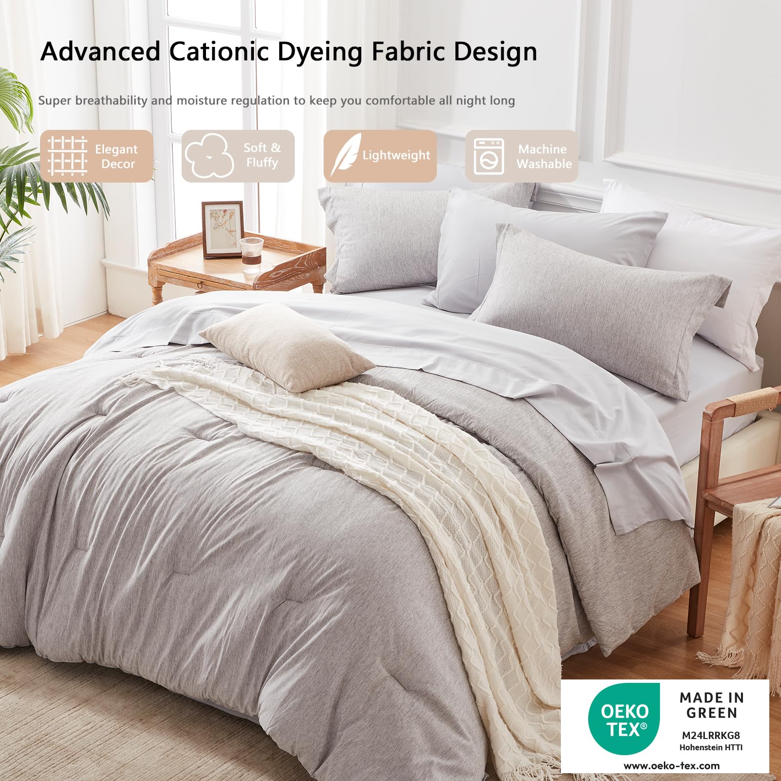 UNILIBRA 7-Piece Queen Comforter Set - All Seasons Soft Grey Bedding Collection with Comforter, Sheets & Pillowcases | Cationic Dyeing Technology | Perfect for Master Bedroom, Guest Room & Dorm Decor