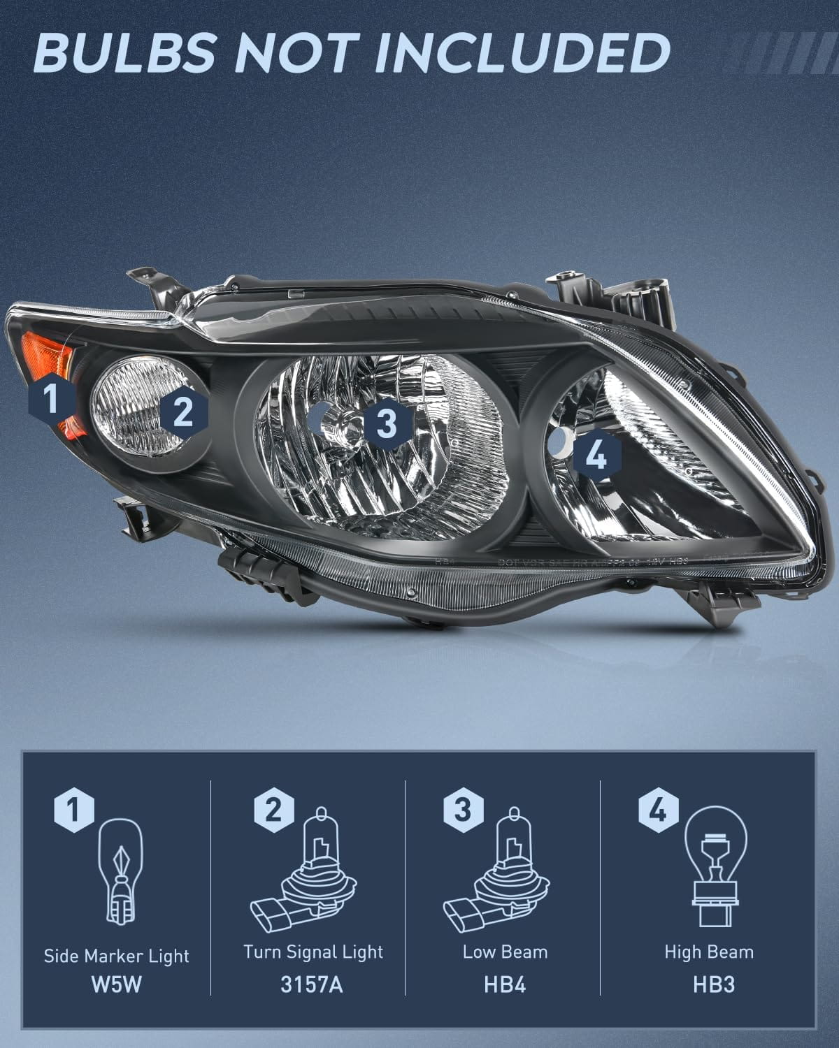 2009-2010 Toyota Corolla XLE LE Base Headlight Assembly - Black Housing with Amber Reflector - Replacement Headlights for Improved Night Driving Safety