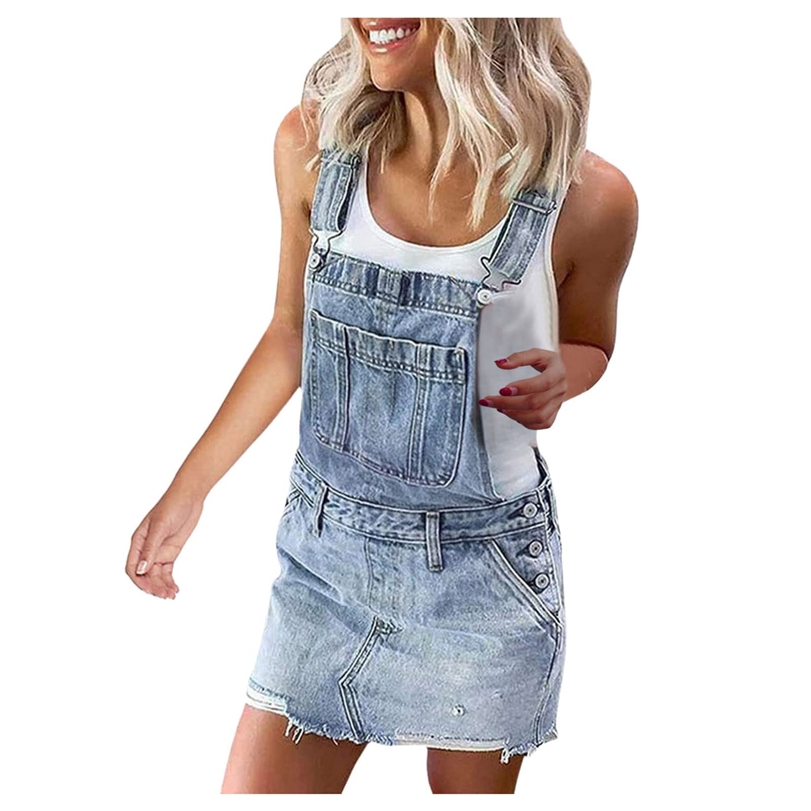 Cute Denim Jumper Dress with Pockets - A-Line Mini Bib Overall for Casual Wear