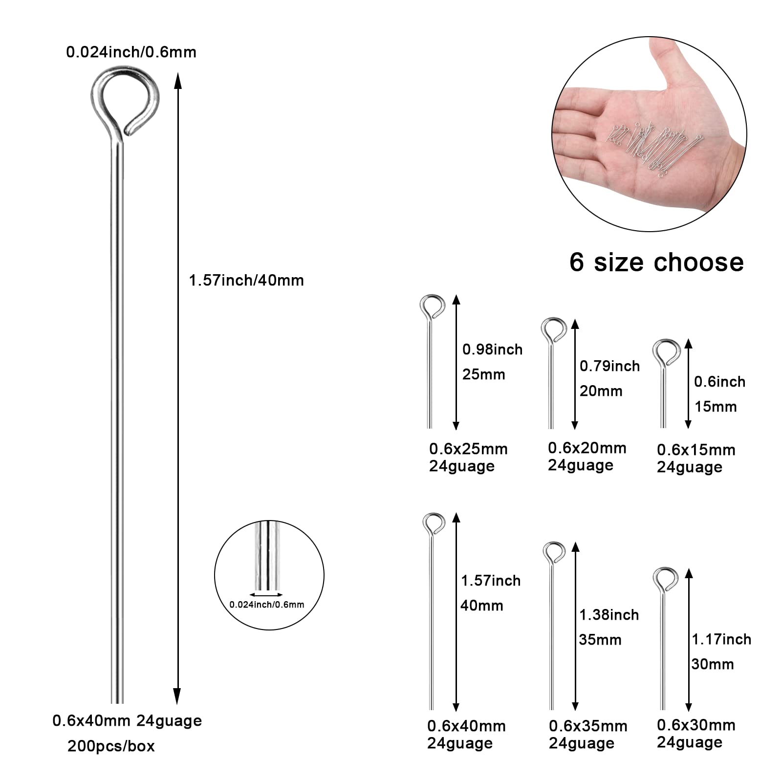 304 Stainless Steel Jewelry Eye Pins - 24 Gauge Silver Head Pins (0.6x40mm, 200pcs) for DIY Earrings, Necklaces, Bracelets & Charms | Durable Open Eye Pins for Jewelry Making & Crafting | Perfect for Beading, Wire Wrapping & Pendant Designs