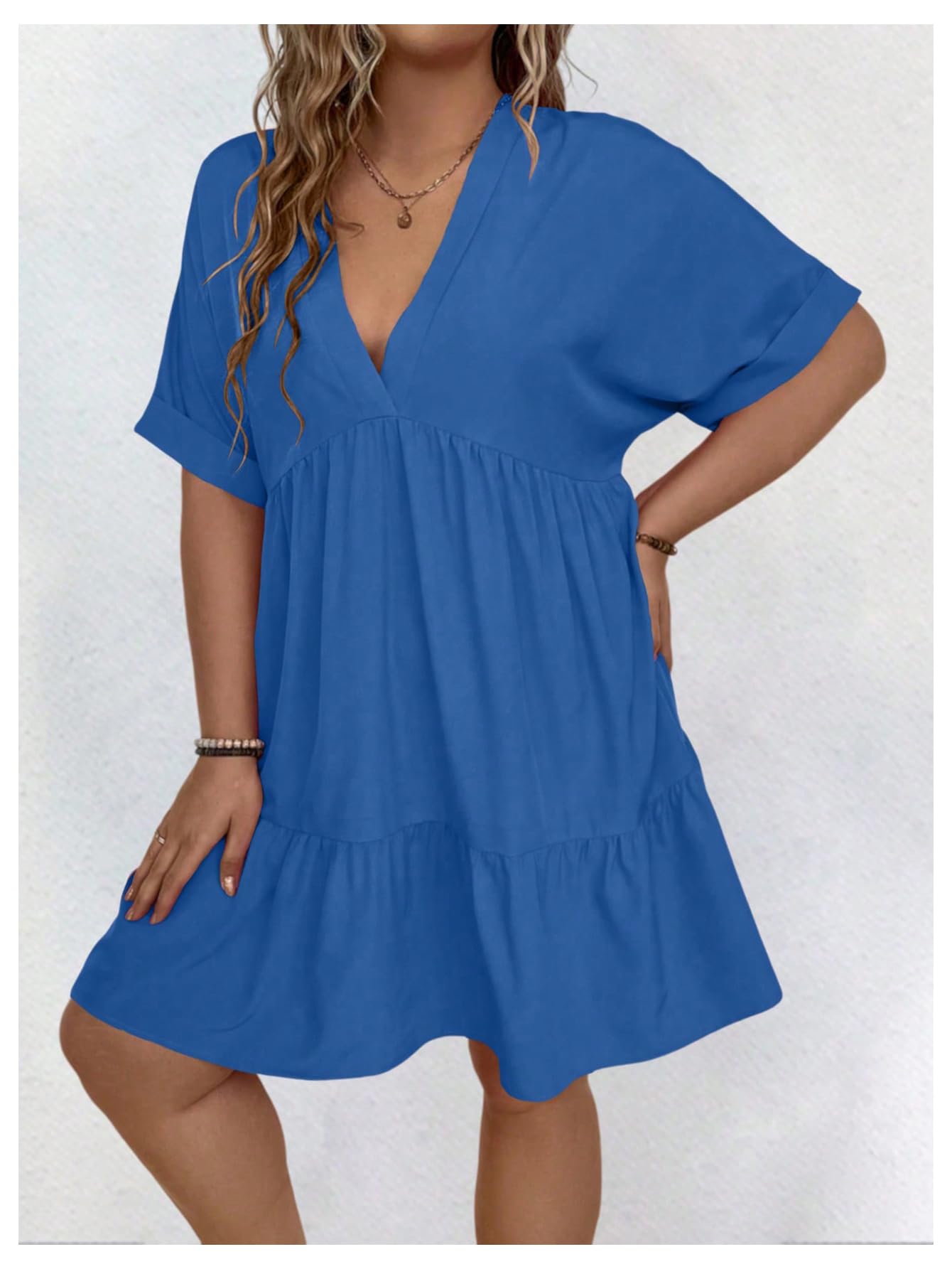 SOLY HUX Women's Plus Size V-Neck Flowy Summer Dress - Short Sleeve Loose Swing Smocked Casual Dress for Women, Perfect for Beach Vacation, Outdoor Picnic & Daily Wear