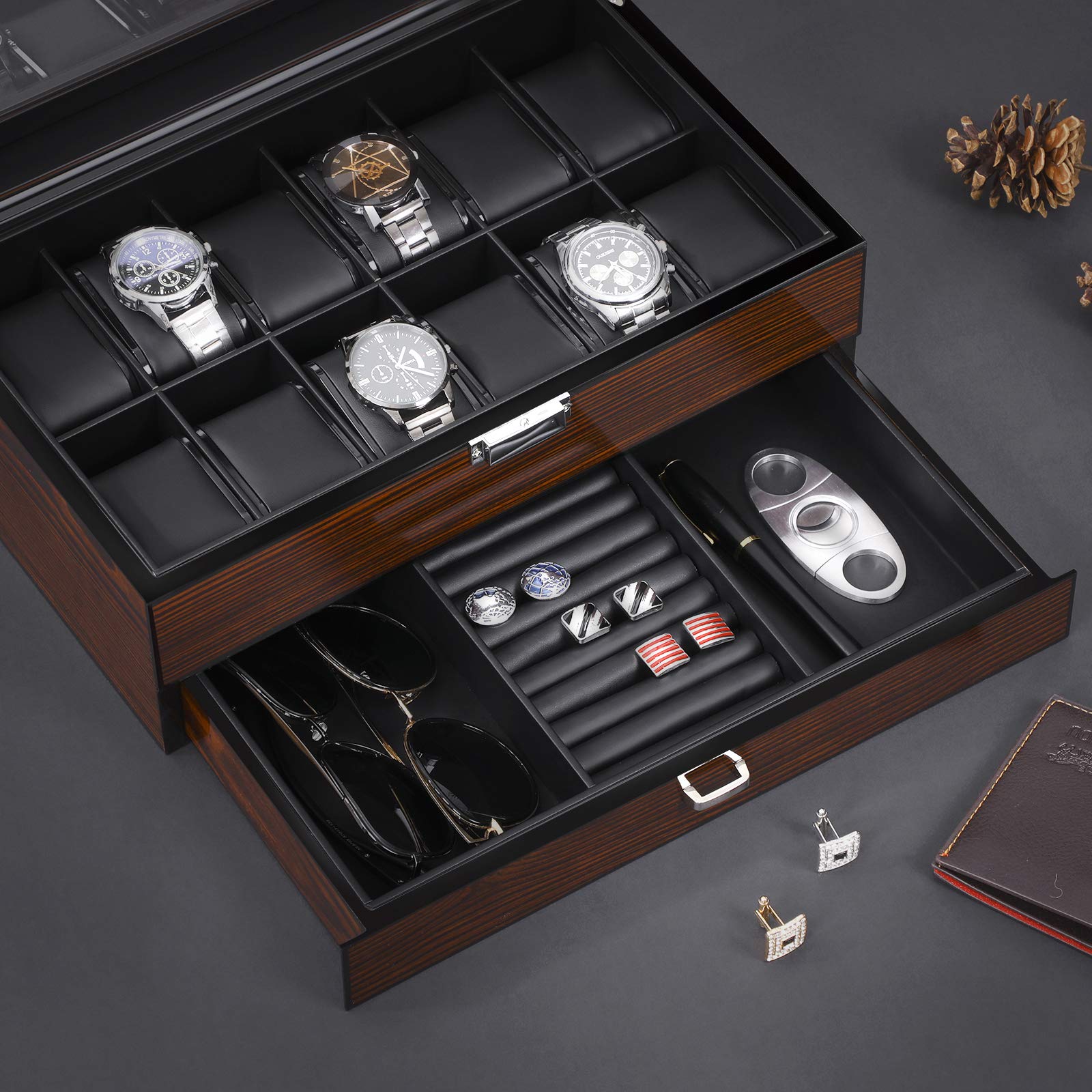 BEWISHOME Luxury 10-Slot Watch Box with Valet Drawer - Premium Watch Organizer Case for Men & Women - Perfect for Travel, Home Storage, and Watch Collection Display