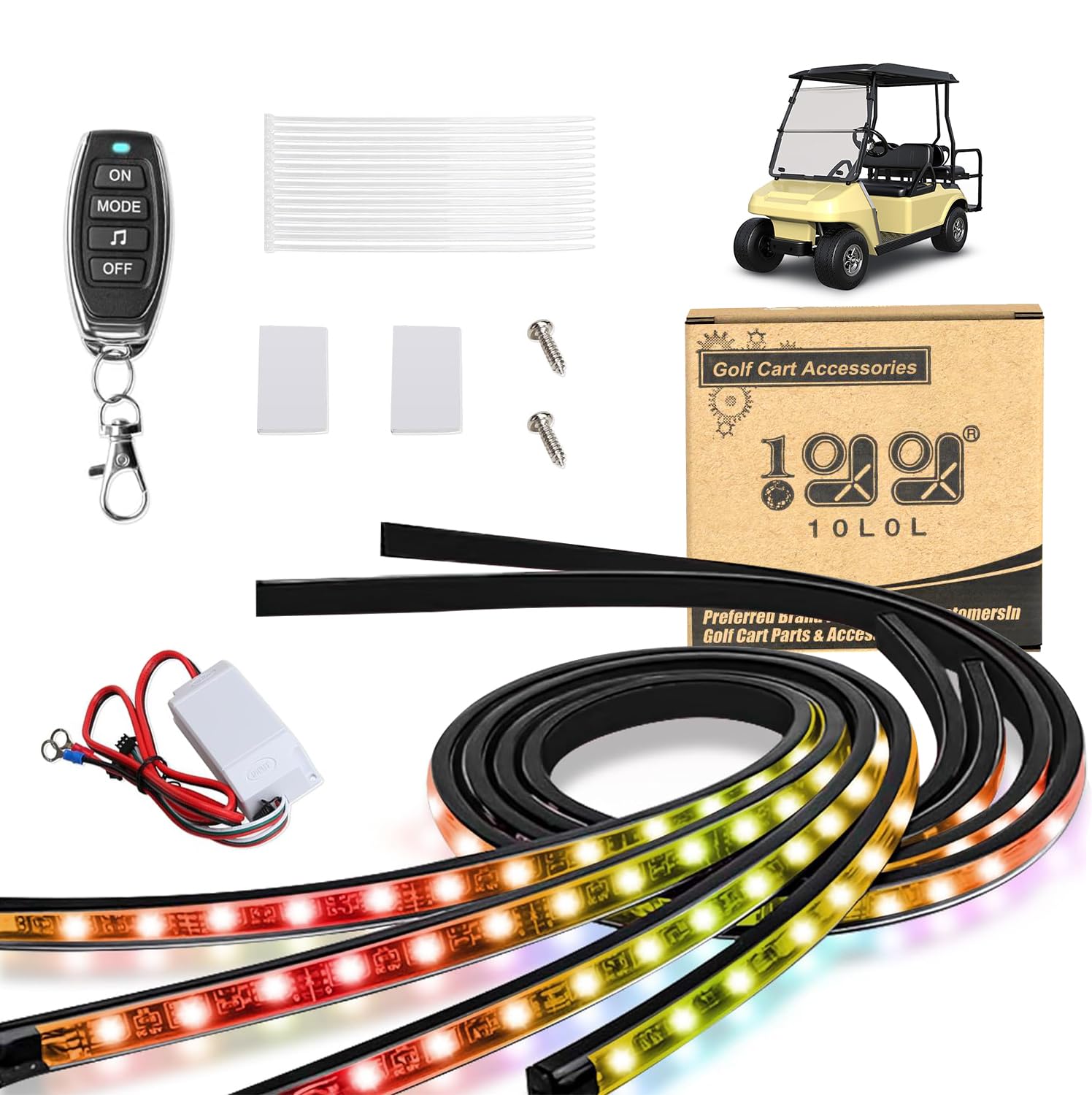 10L0L Golf Cart Underglow LED Light Strip Kit - 22 Color Modes, Wireless Remote Control, Sound Activated, Waterproof Flexible Tubes (4 Pack) - Perfect for Night Golfing, Car Shows & Off-Road Adventures