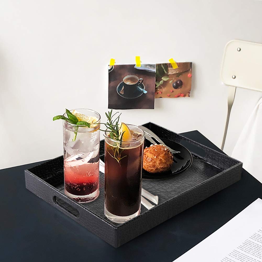 Ranslen Large Rectangular Decorative Serving Tray with Handles - Black Alligator Grain Design - Sturdy Coffee Table Tray for Tea, Food & Bedroom Breakfast - Perfect for Dining, Entertaining & Picnics
