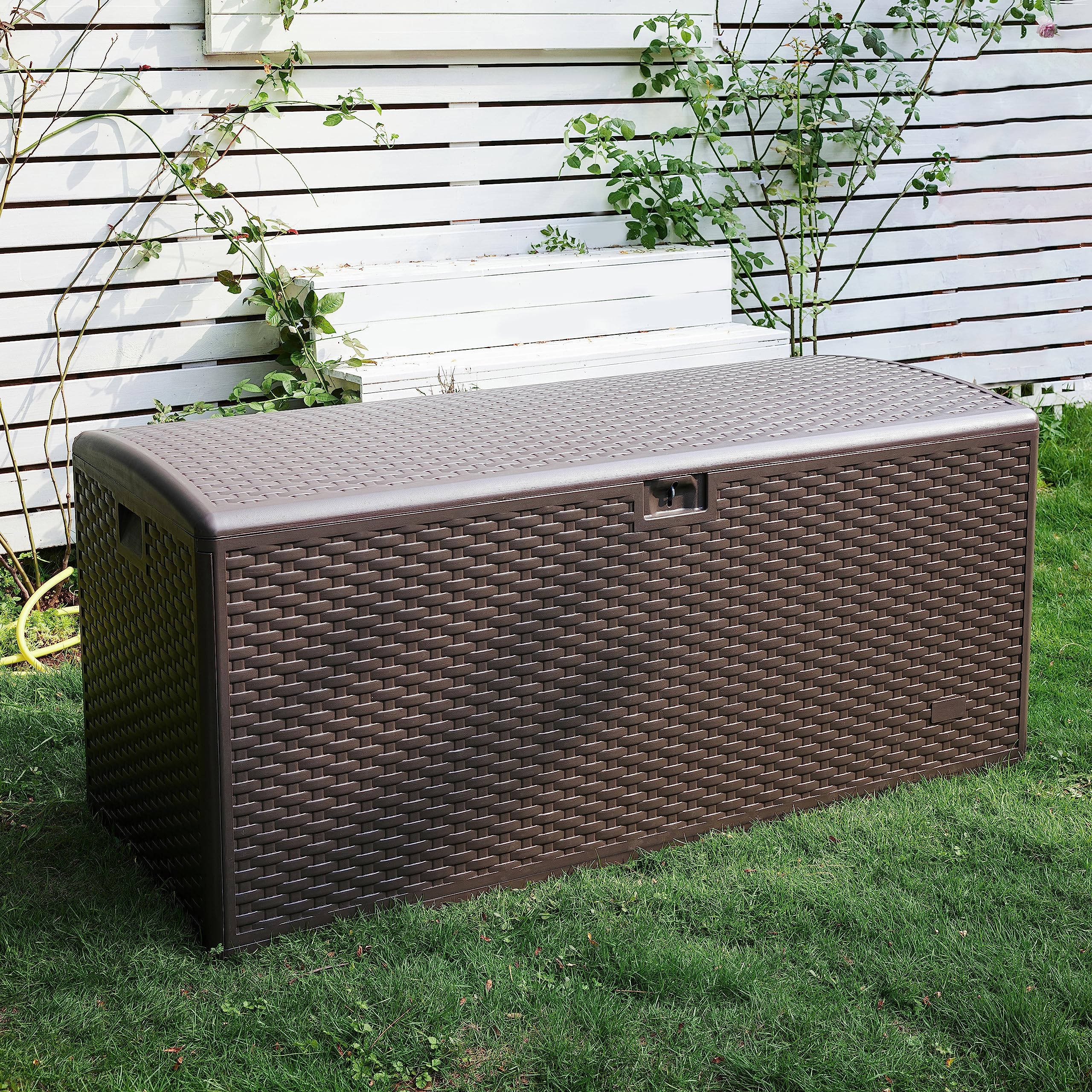 Amazon Basics 150 Gallon Outdoor Patio Storage Deck Box - Waterproof & Weather-Resistant for Furniture Cushions, Garden Tools - Brown - Perfect for Backyard, Deck, and Poolside Storage