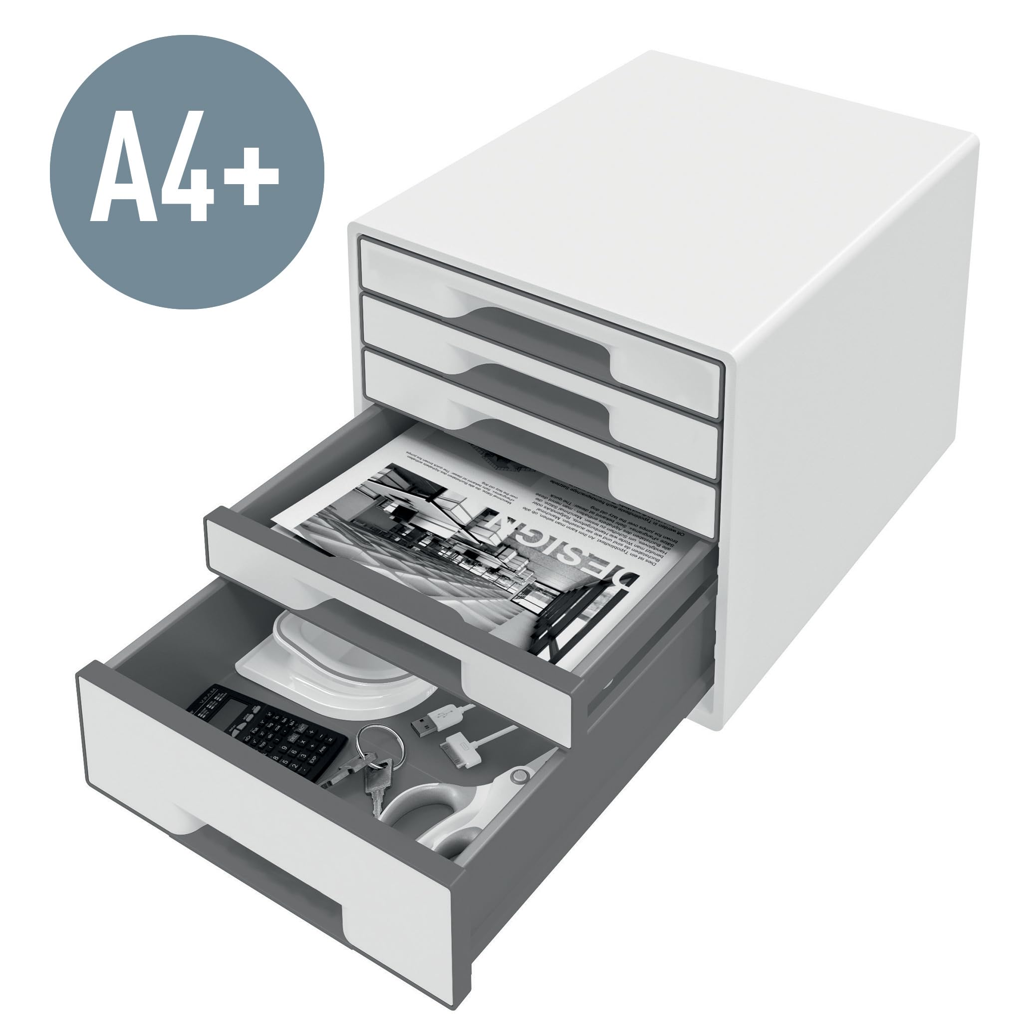 Leitz CUBE 4-Drawer Organizer Box - White/Grey A4 Size with Clear Drawer Inserts (52142001) - Perfect for Office, Home & School Storage Solutions