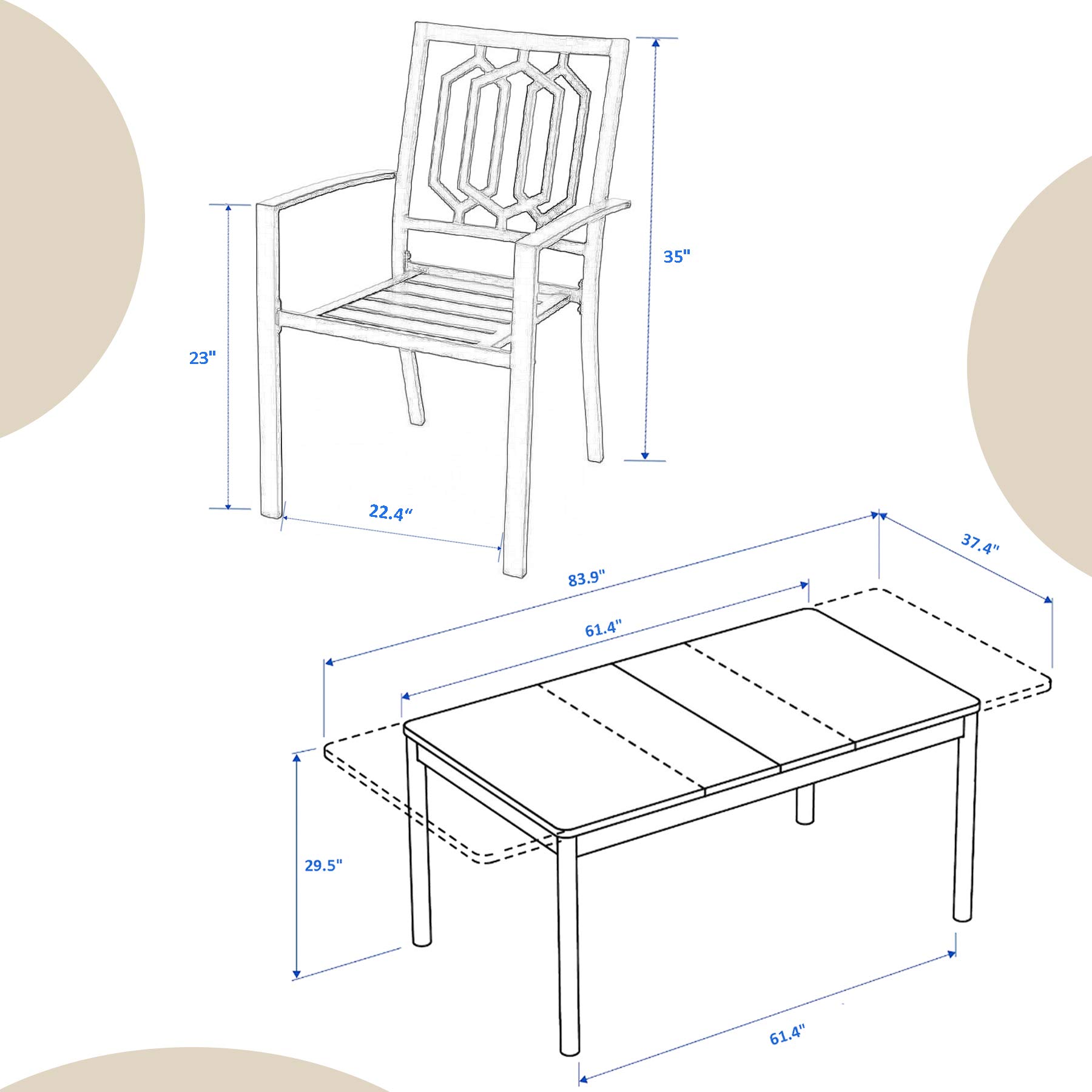 MFSTUDIO 7-Piece Outdoor Patio Dining Set - 6 Steel Stackable Chairs & 1 Expandable Rectangular Table - Durable Porch, Lawn, Backyard, Garden Furniture for Outdoor Entertaining & Family Gatherings