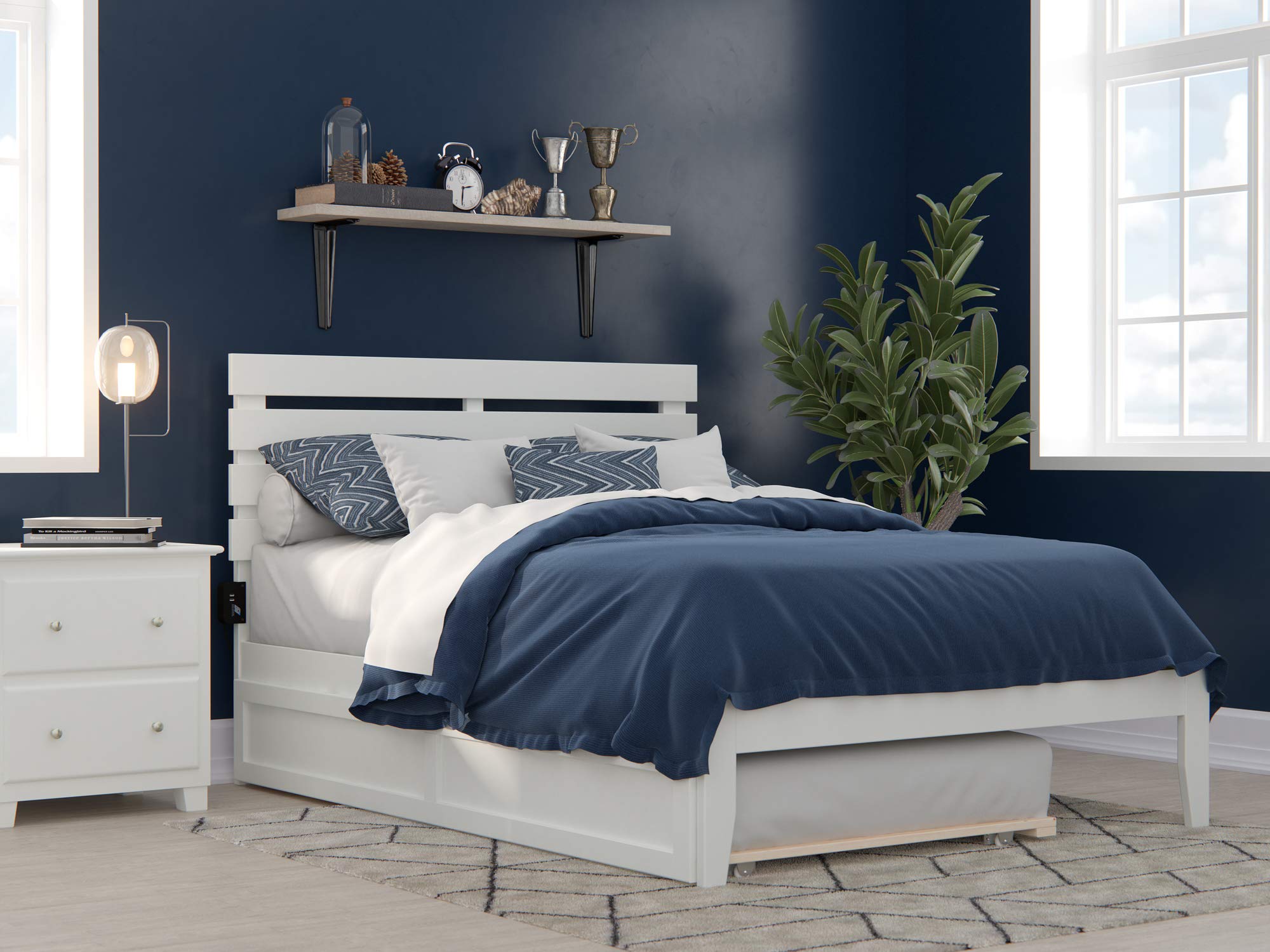 AFI Oxford Full Size Platform Bed with Twin Trundle & USB Charging Station - White Modern Bed Frame for Small Spaces, Guest Rooms & Kids' Bedrooms