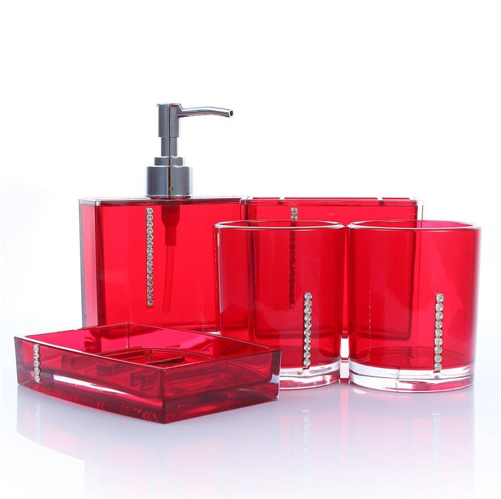 AMSS 5-Piece Bathroom Accessory Set - Soap Dish, Dispenser, Tumbler & Toothbrush Holder with Diamond Design - Red | Modern Bathroom Organization for Home & Hotel Use