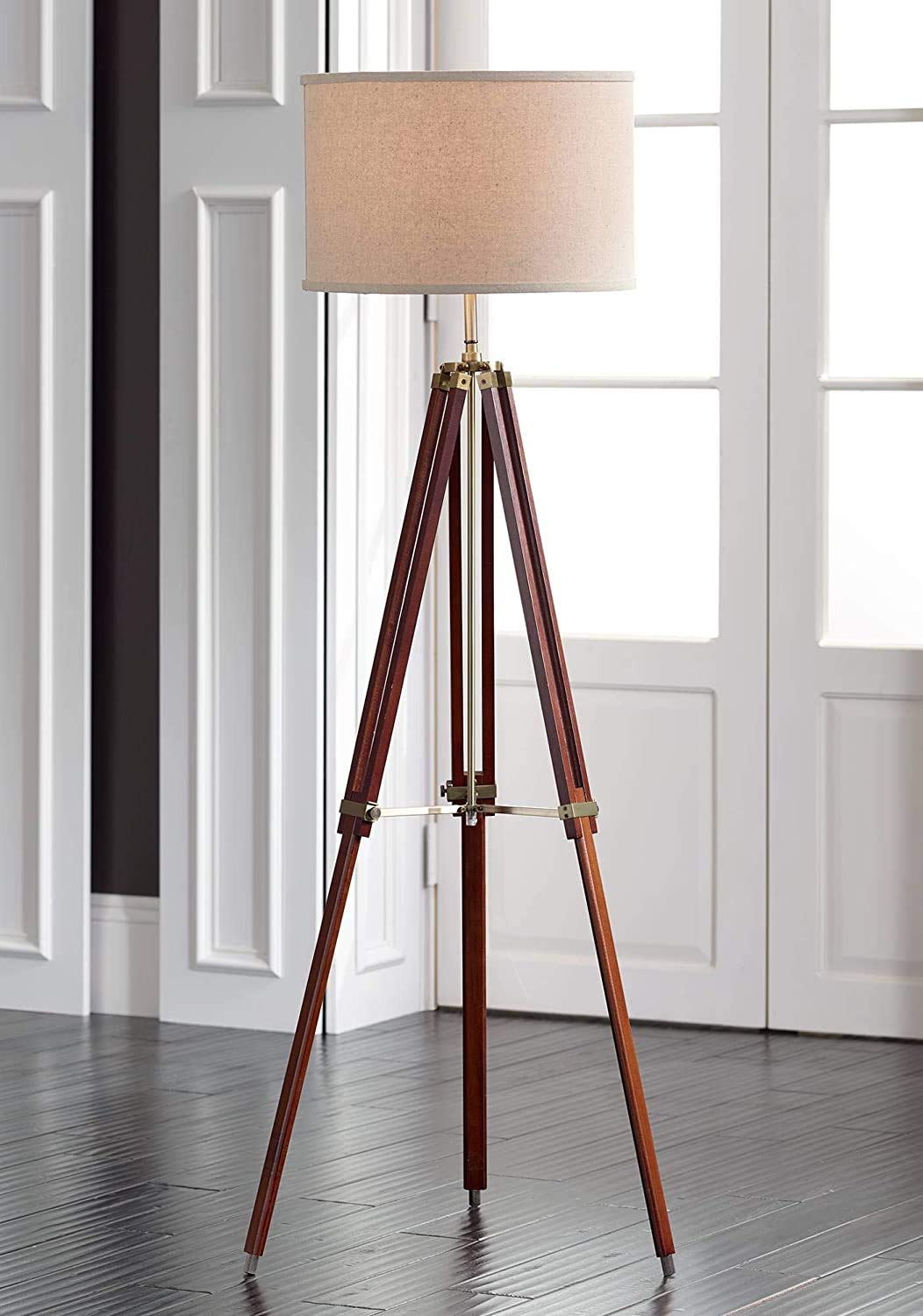 Modern Surveyor Tripod Floor Lamp - Cherry Wood Adjustable Standing Light for Living Room, Bedroom, Office - Perfect for Reading, Working & Home Decor