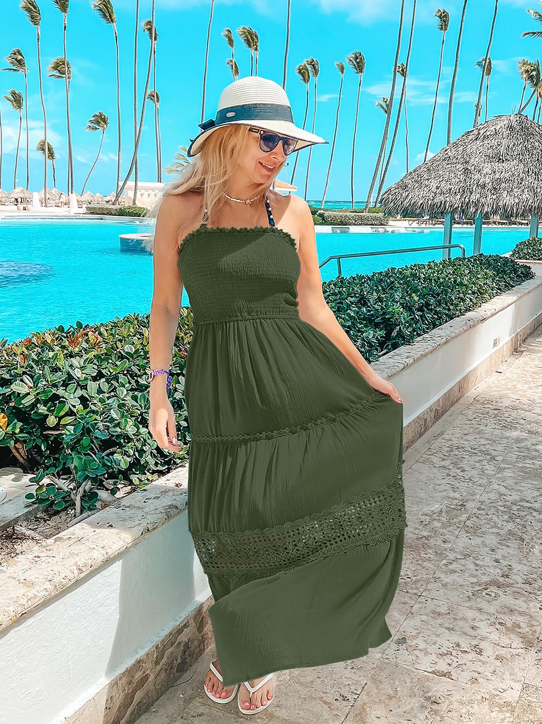 ZESICA Women's 2025 Summer Bohemian Strapless Off Shoulder Lace Trim Backless Flowy A-Line Long Maxi Dress for Beach Vacation, Wedding Guest, and Outdoor Party