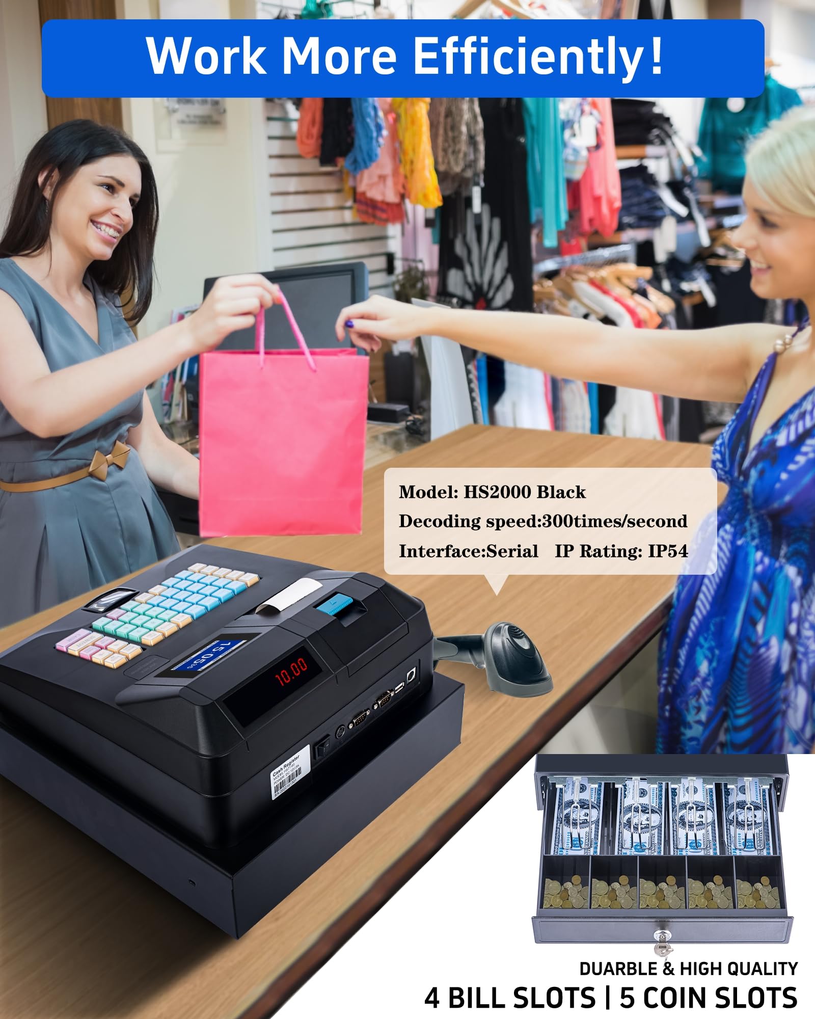 Electronic Cash Register for Small Businesses - Dual Display, Auto Receipt Printer, Cash Drawer & Scanner - Waterproof & Oil-Proof POS System for Retail Stores, Markets, Malls & Restaurants (Perfect for Quick Checkout & Inventory Management)
