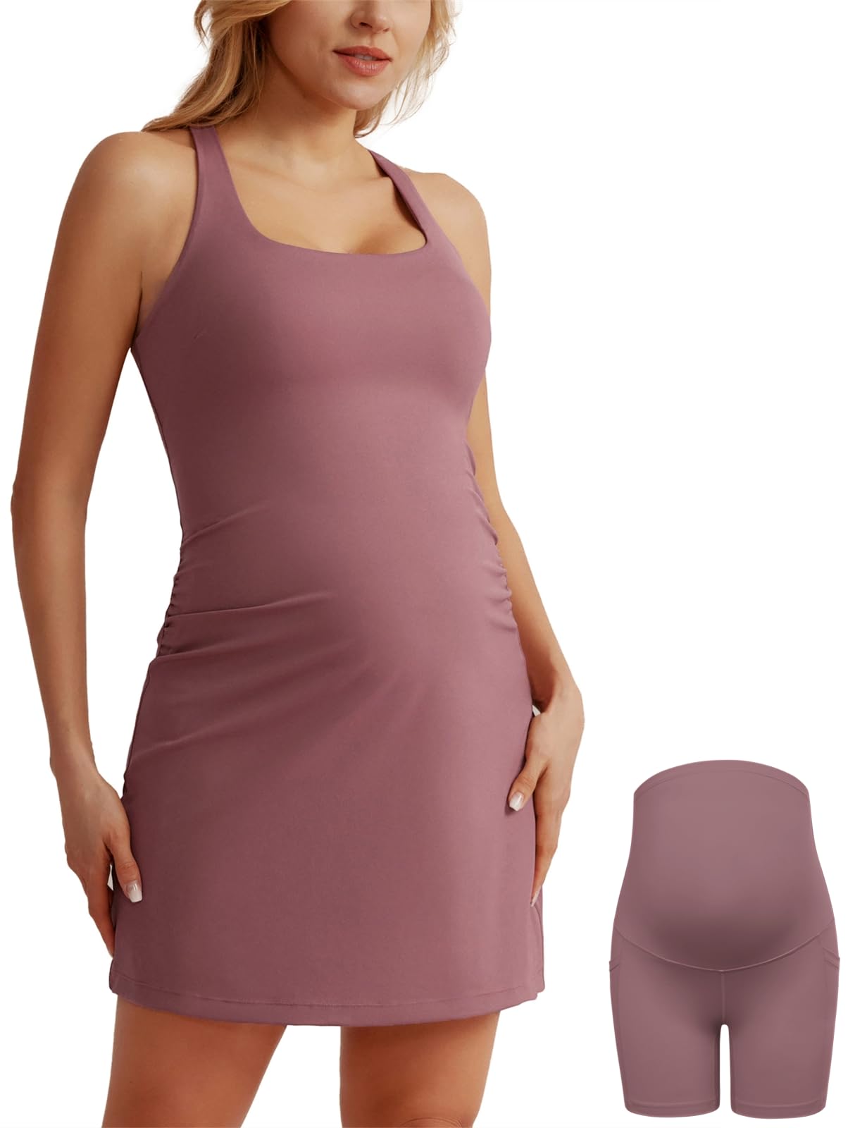 Maacie Maternity Tennis Dress with Built-in Bra & Shorts - Sleeveless Scoop Neck A-Line Workout Dress with Pockets for Golf, Yoga & Pregnancy Comfort