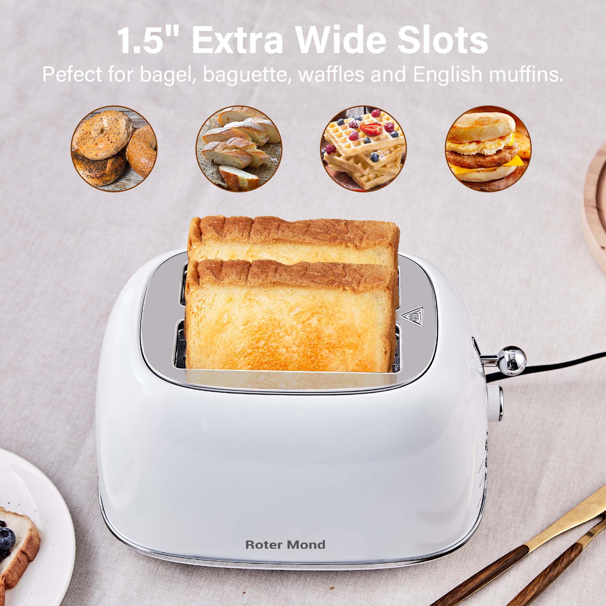 2 Slice Retro Toaster - Stainless Steel with Bagel, Cancel & Defrost Functions | 6 Shade Settings, Extra Wide Slots & Removable Crumb Tray | Perfect for Breakfast, Office or Dorm Room - White