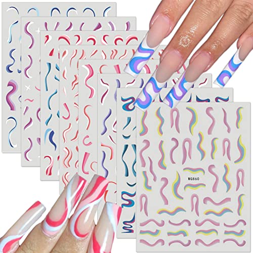 Rainbow Nail Stickers for Nail Art - 8 Sheets Colorful Swirl & Geometric 3D Nail Decals, Self-Adhesive French Nail Designs for Acrylic Nails | Perfect for DIY Manicures, Salon Nail Art & Party Looks