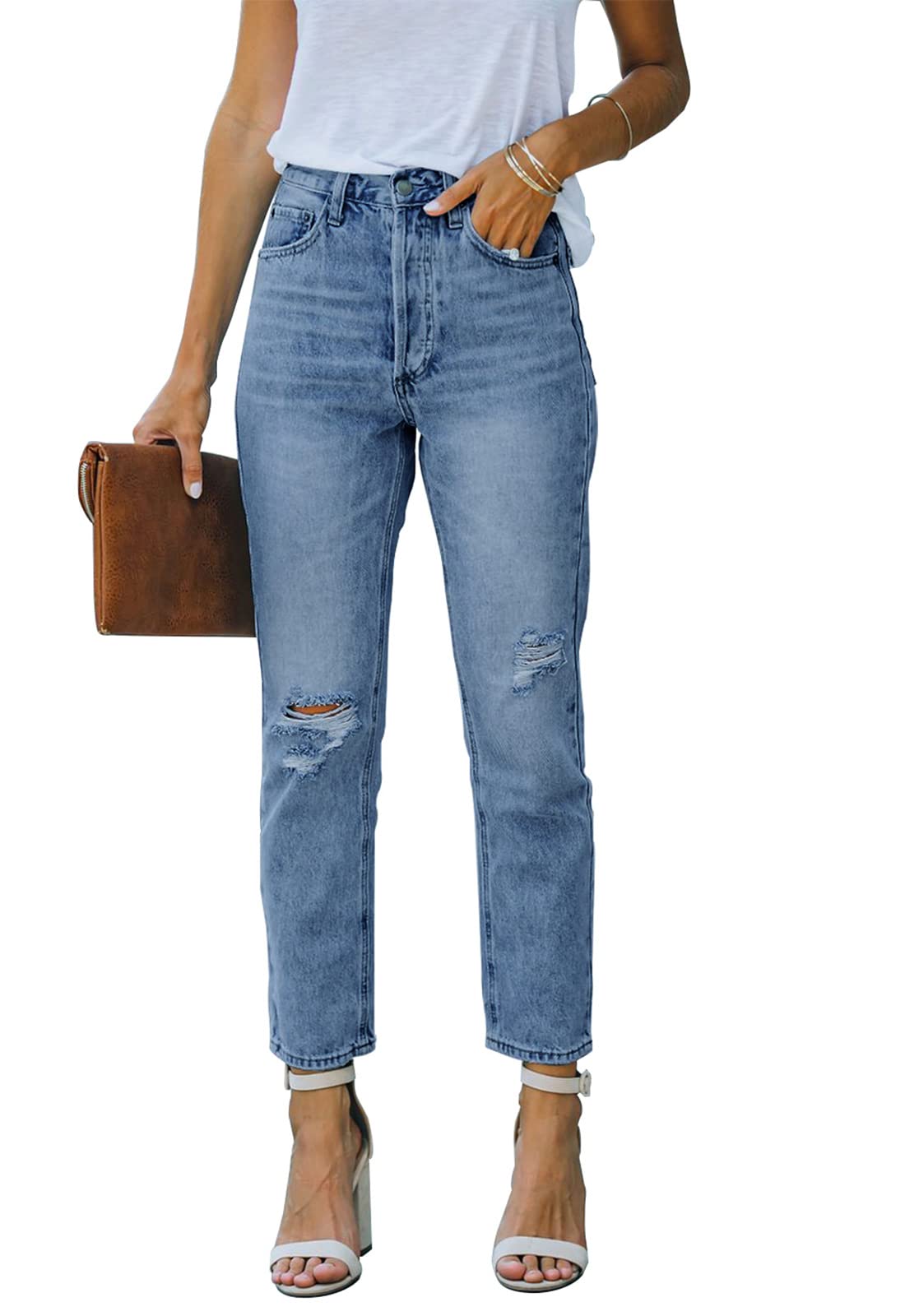 Women's High Waisted Ripped Jeans - Distressed Stretch Denim Pants with Straight Leg Fit | Perfect for Casual Outfits, Date Nights & Street Style Fashion