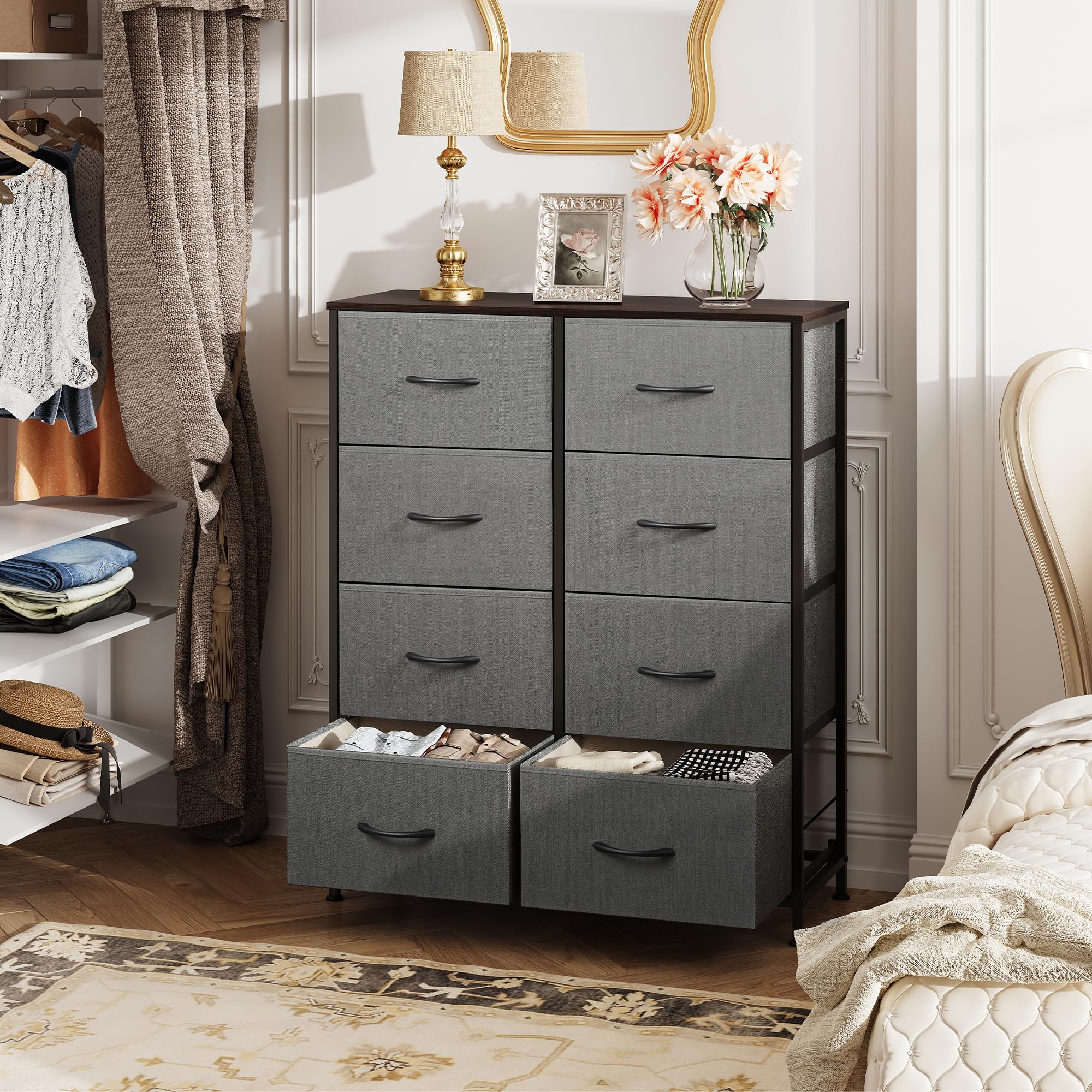 WLIVE 8-Drawer Fabric Dresser for Bedroom - Tall Storage Tower with Fabric Bins, Double Dresser Chest for Closet Organization, Living Room & Hallway - Dark Gray | Space-Saving Home Furniture for Small Apartments & Dorm Rooms