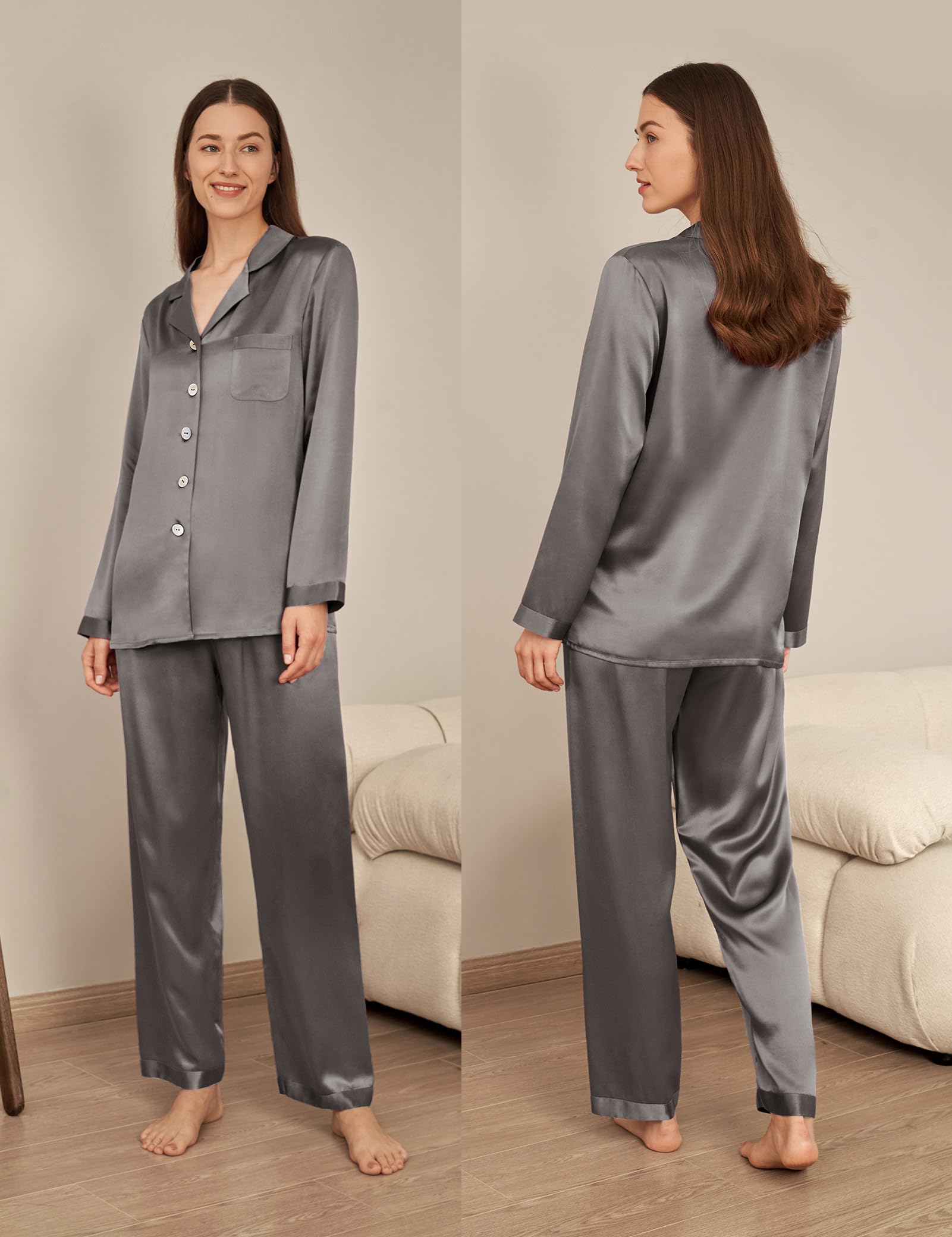 Luxury 100% Mulberry Silk Pajamas for Women - 22 Momme Pure Long Sleeve Full Length Sleepwear Set | Soft & Breathable Nightwear for Relaxation, Spa Days & Gift Giving