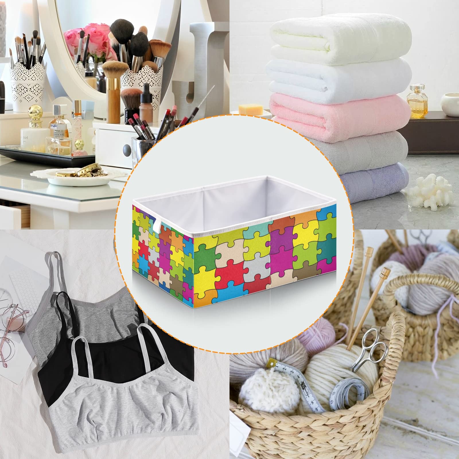Poeticcity Colorful Puzzle Pattern Collapsible Storage Basket - Foldable Rectangular Organizer Bin for Toys, Clothes & Nursery | Easy Assembly Home & Office Organization Solution