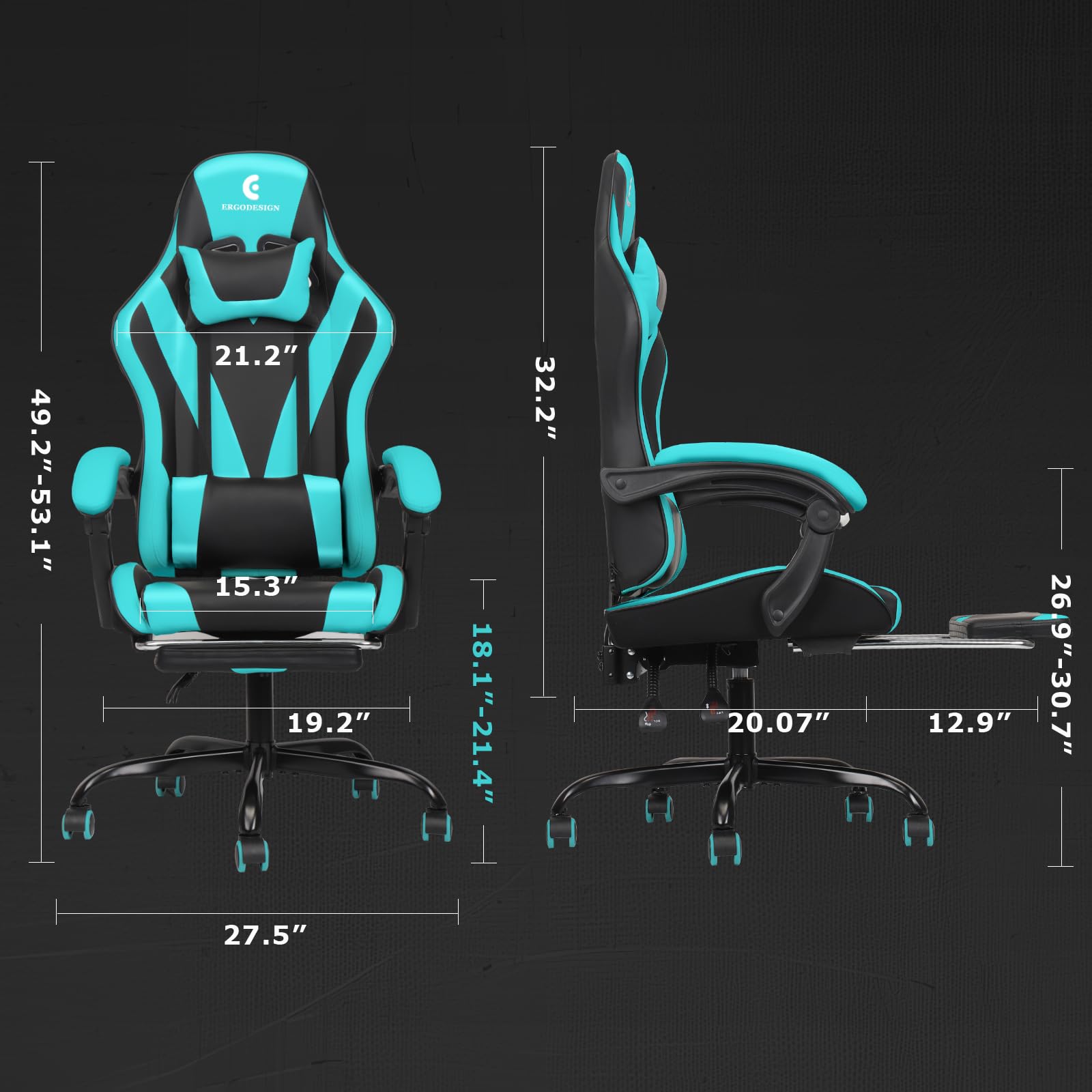 Ergonomic Gaming Chair with Adjustable Linkage Armrest & Retractable Footrest - High Back Racing Style Video Game Chair for PC & Console Gamers - Black & Light Blue - Perfect for Esports, Streaming & Long Gaming Sessions